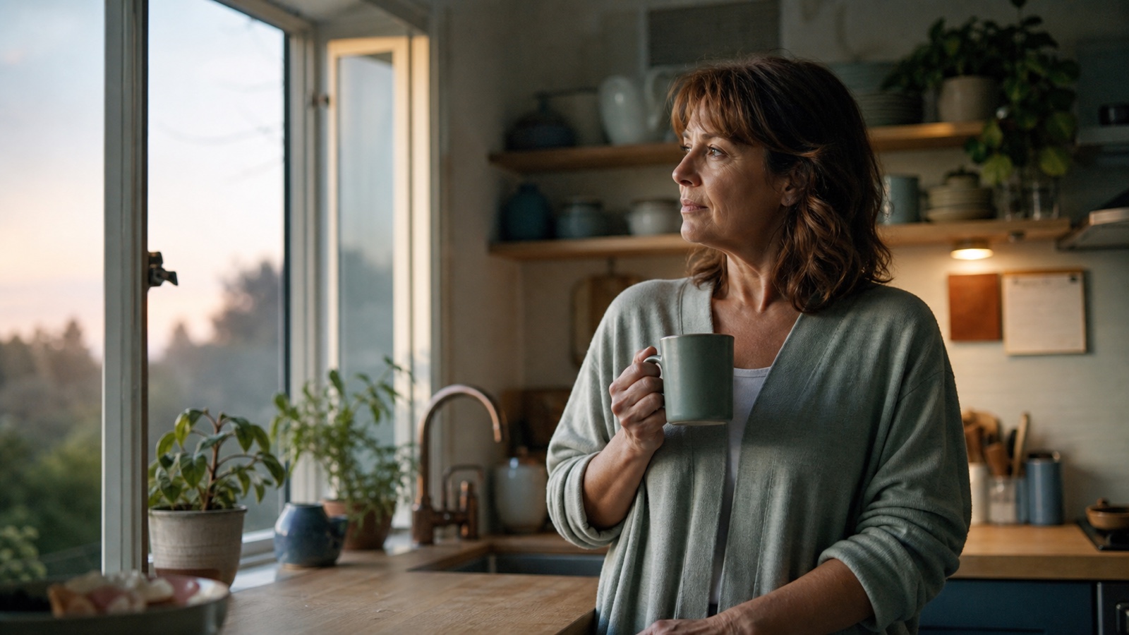 A midlife woman holds a mug by an open kitchen window at dawn
