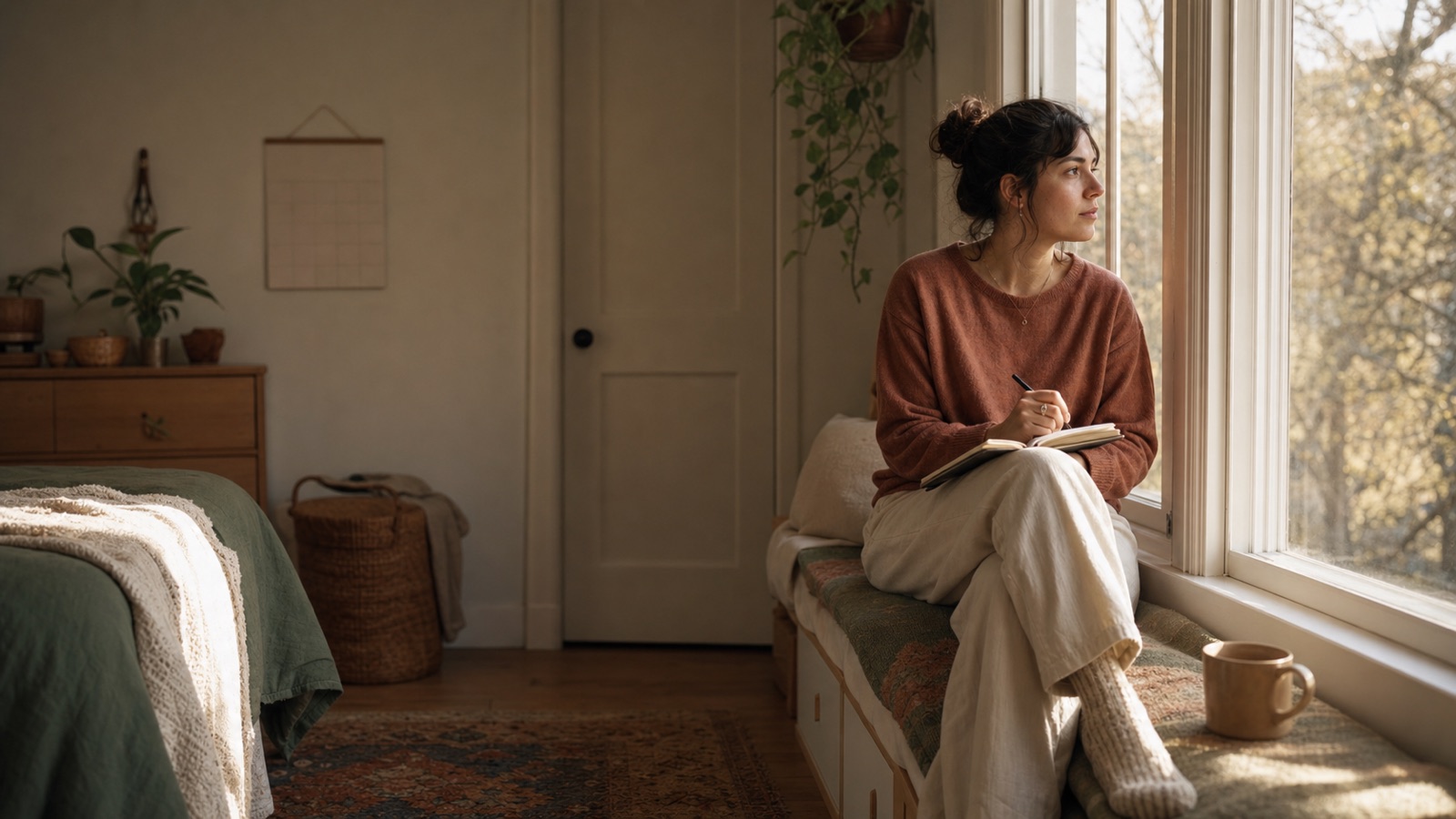 An adult sits by a sunlit bedroom window and writes in a notebook beneath a simple calendar