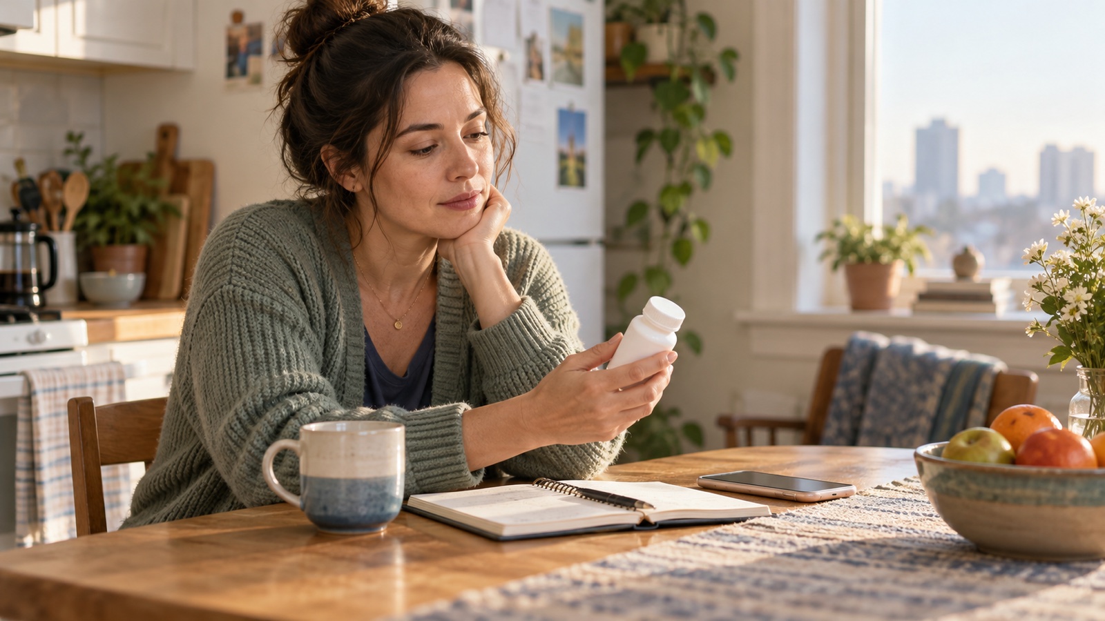 An adult reviews a medication bottle and appointment notebook at a sunlit kitchen table