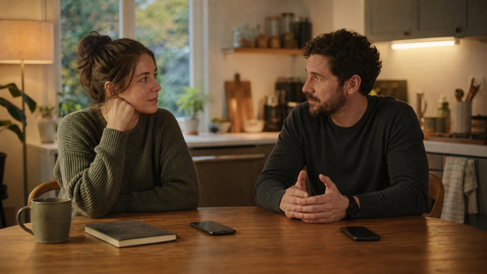 An adult couple talks calmly at a kitchen table beside a closed journal and face-down phones