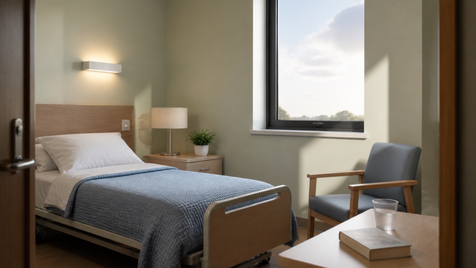 A calm, modest hospital room with a made bed, chair, book, and window