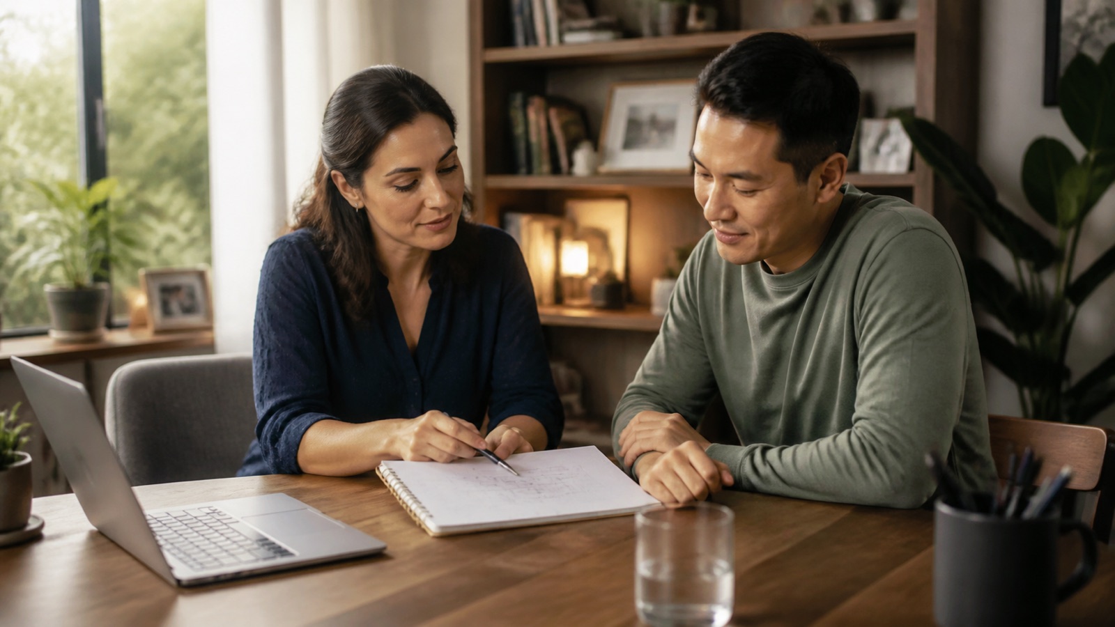 A patient and psychiatrist review a simple symptom timeline together during a follow-up