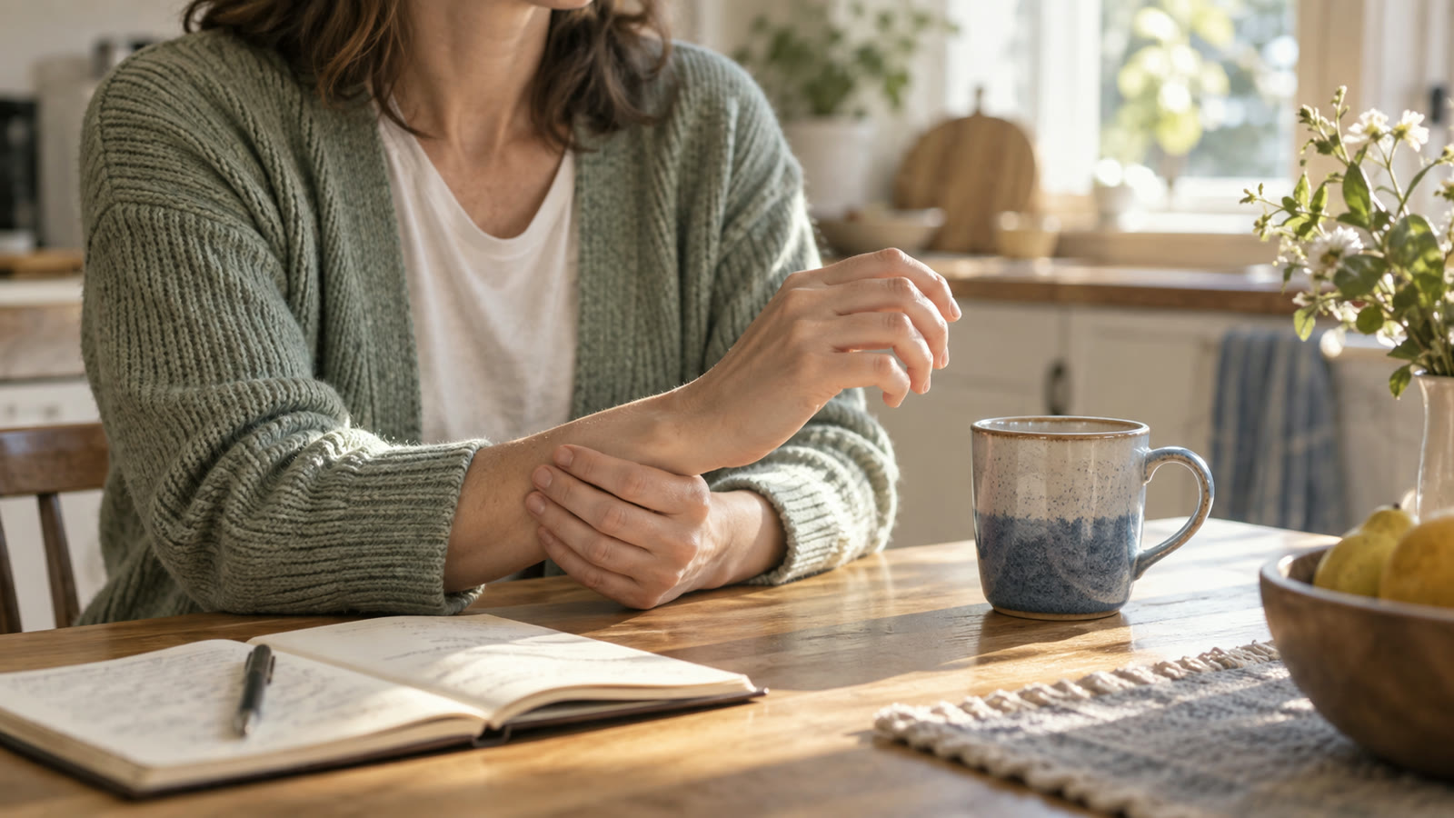 An adult notices a subtle hand tremor beside a mug and symptom notebook
