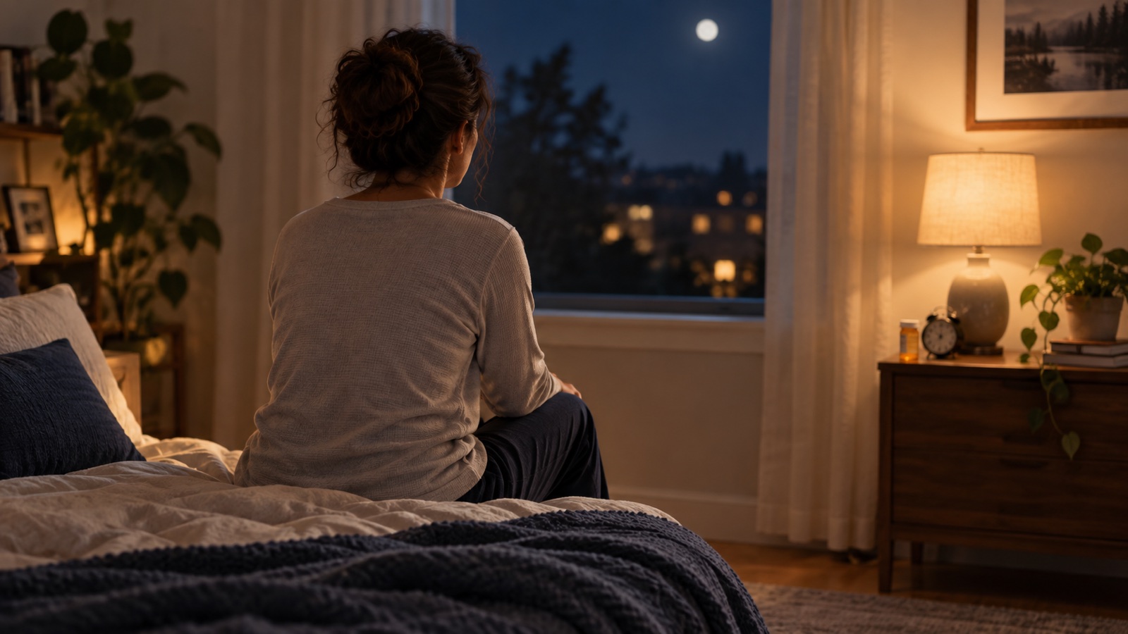 An adult sits on a bed beside a softly lit nightstand and looks out a bedroom window