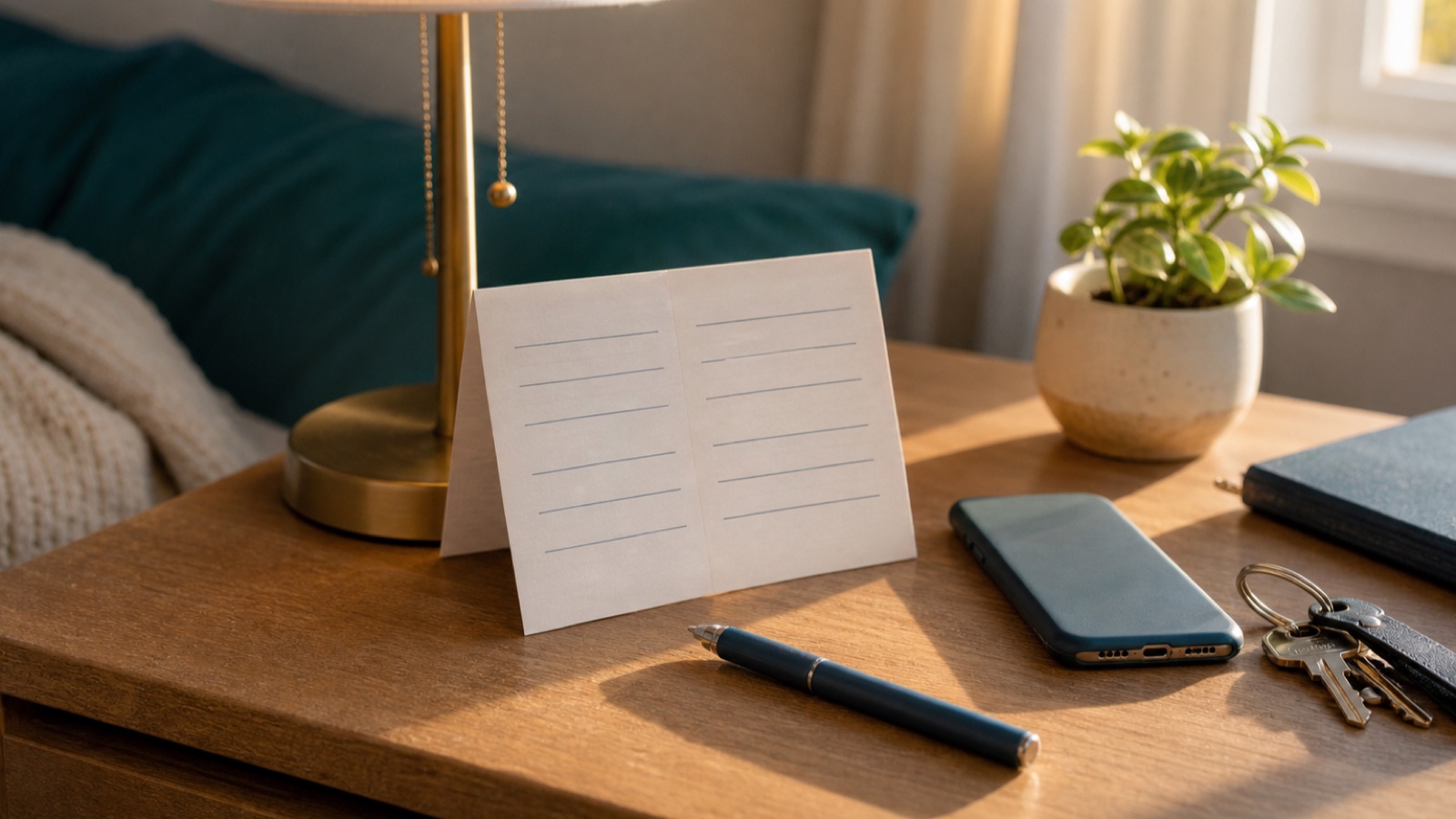 A folded blank safety-plan card, pen, phone, and keys in warm morning light