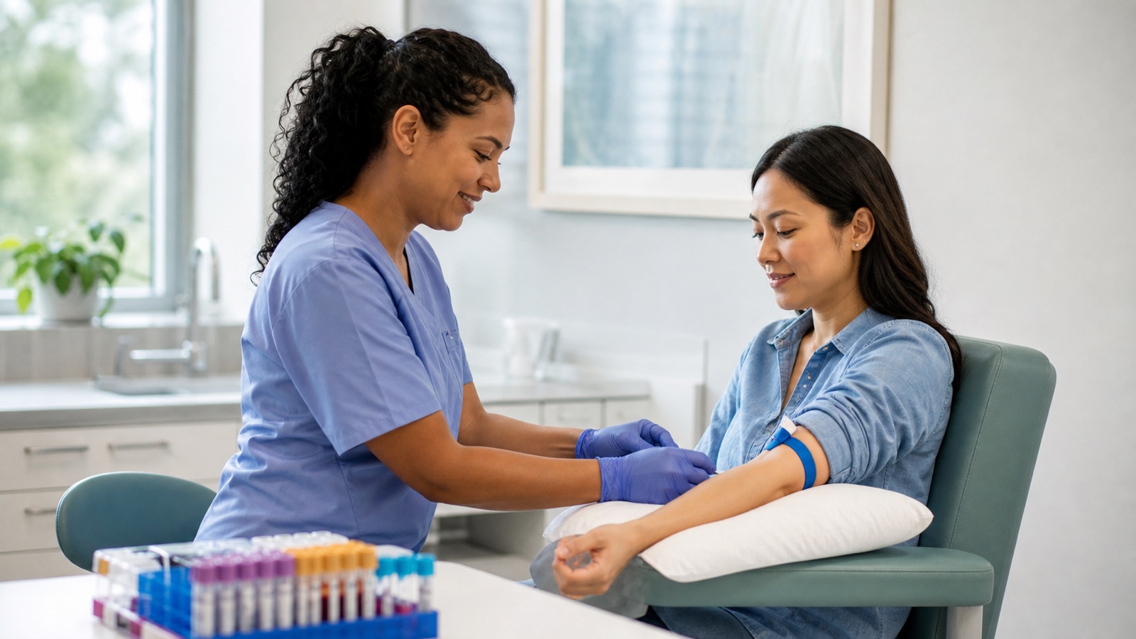A patient has a calm routine blood draw in a bright outpatient lab