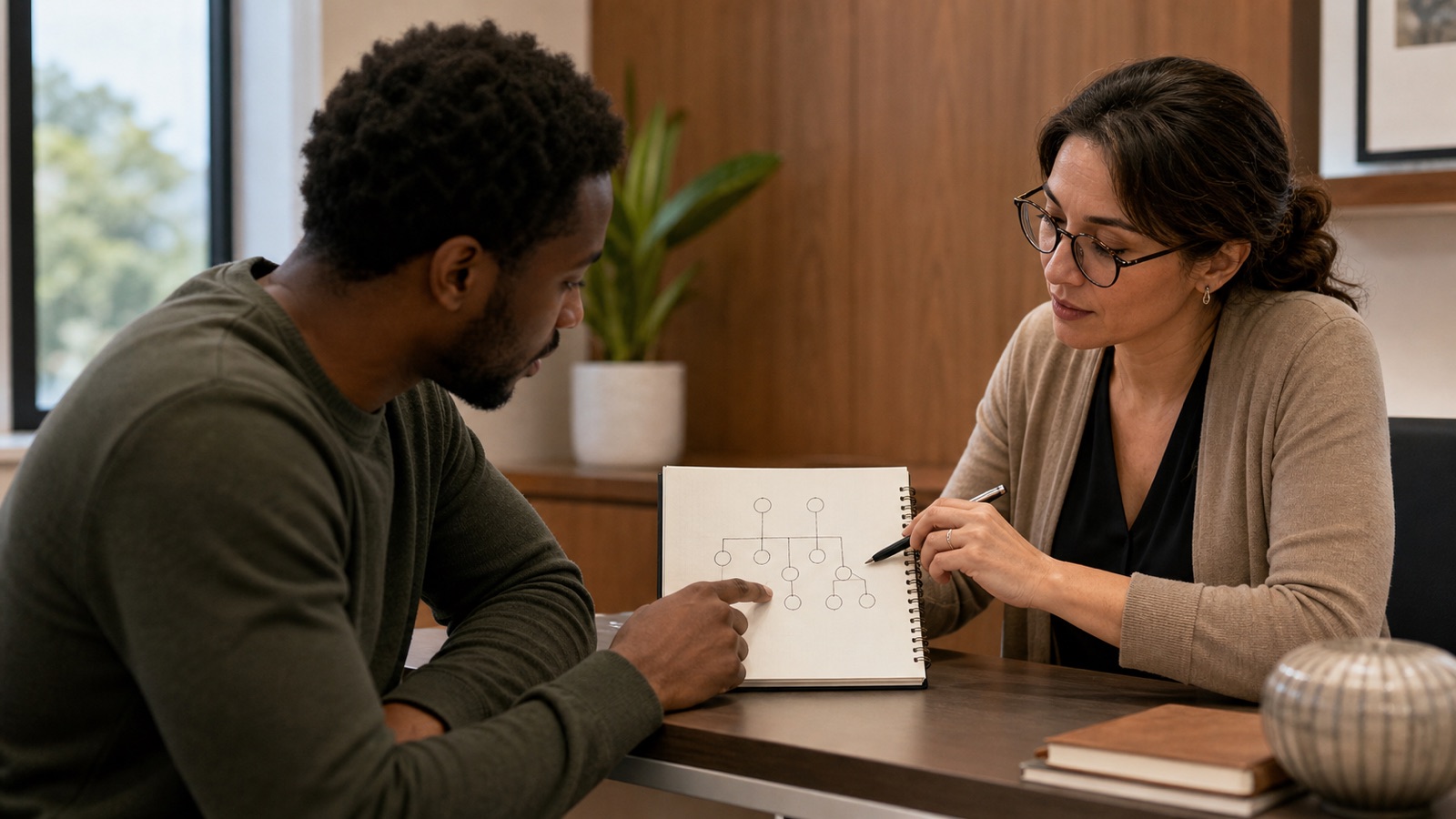 A patient and psychiatrist review a simple family tree together in an office
