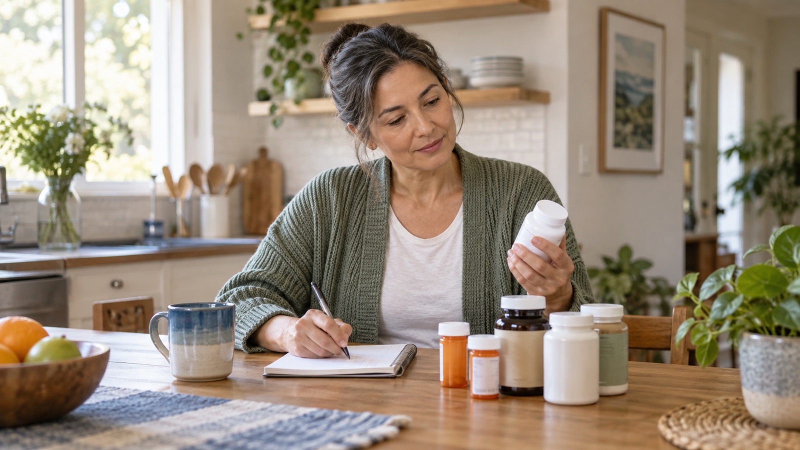 An adult makes a complete supplement and medication list at a kitchen table