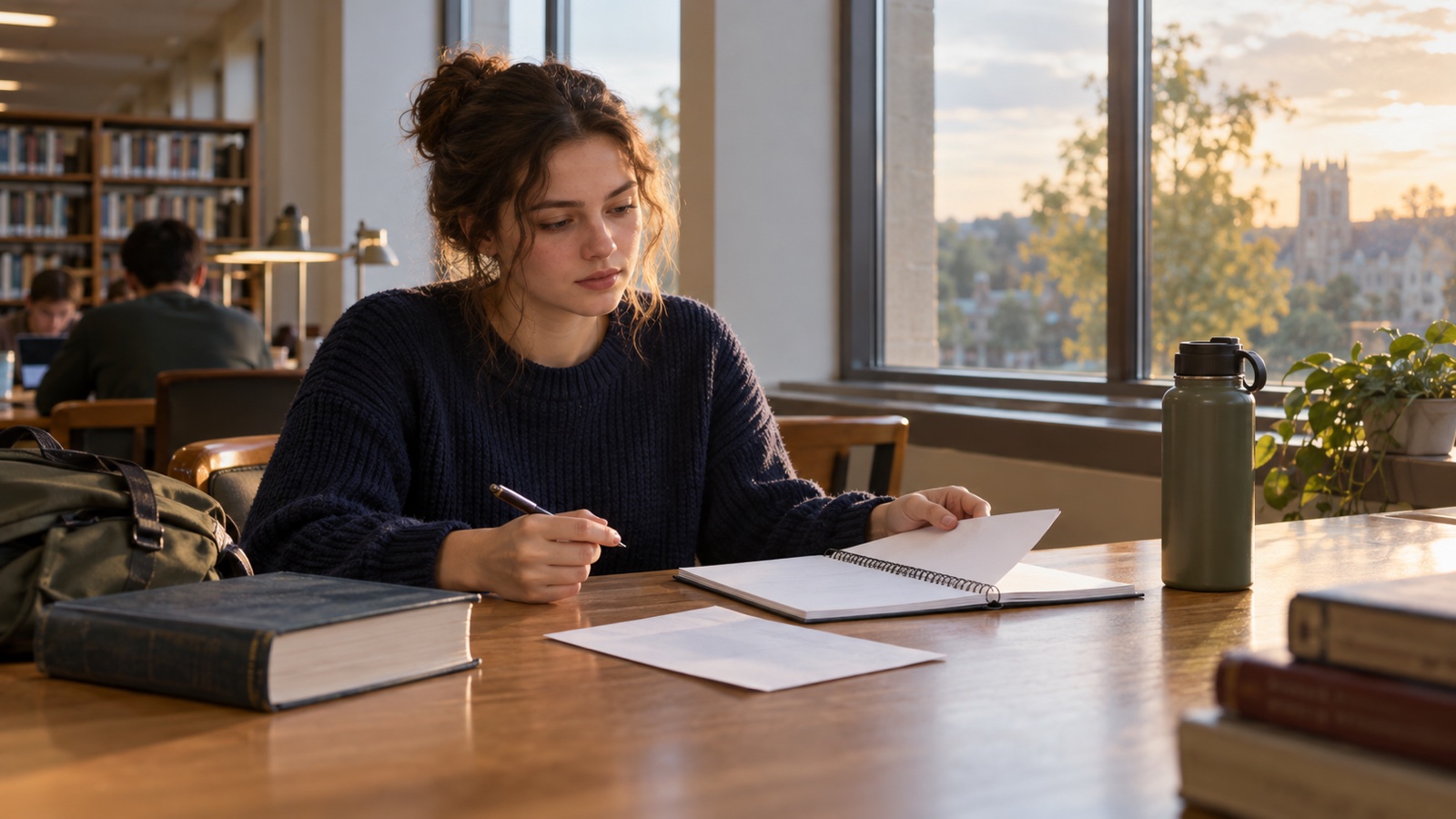 A college student opens a fresh notebook after reviewing a disappointing exam
