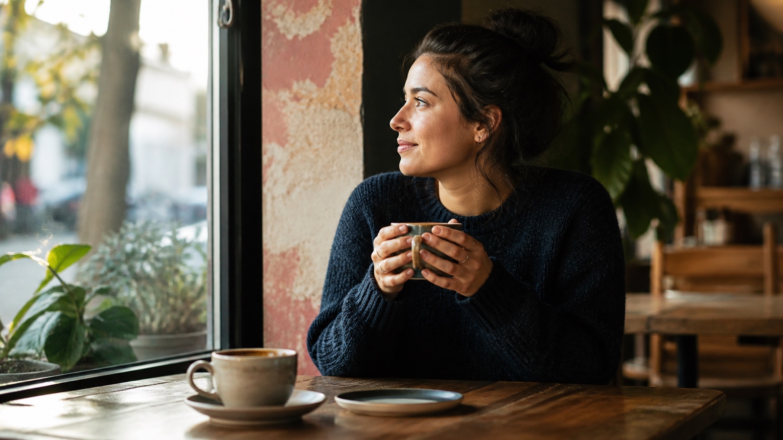 An adult reflects quietly after a meaningful conversation at a cafe