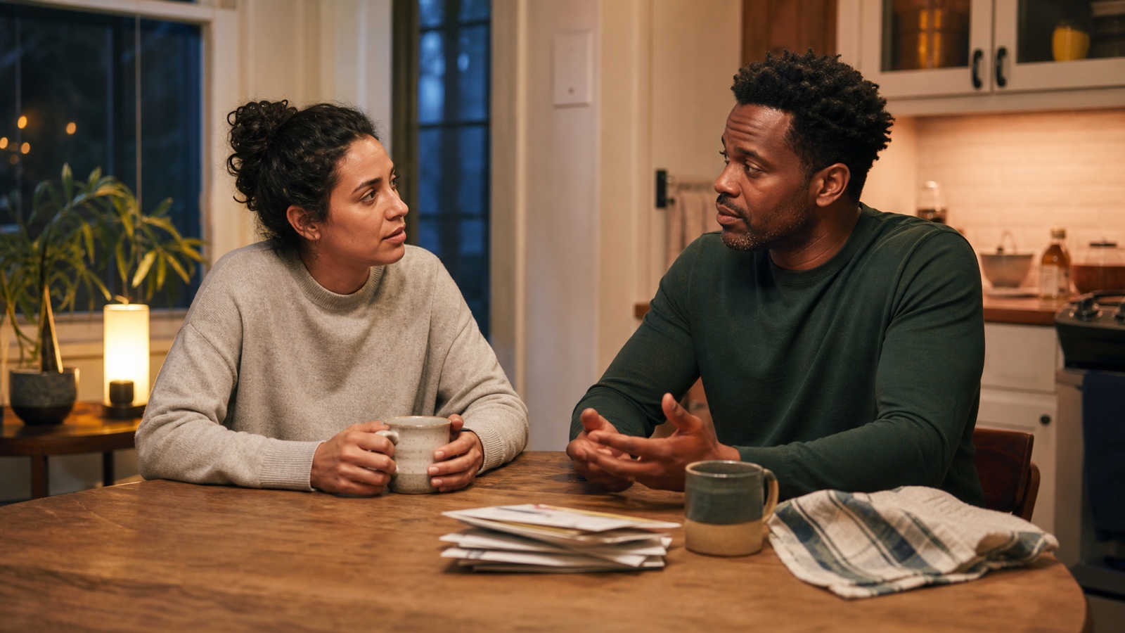 Two partners have a careful conversation at their kitchen table