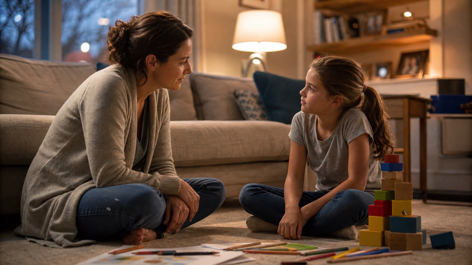A parent listens to a school-age child at eye level in a quiet living room