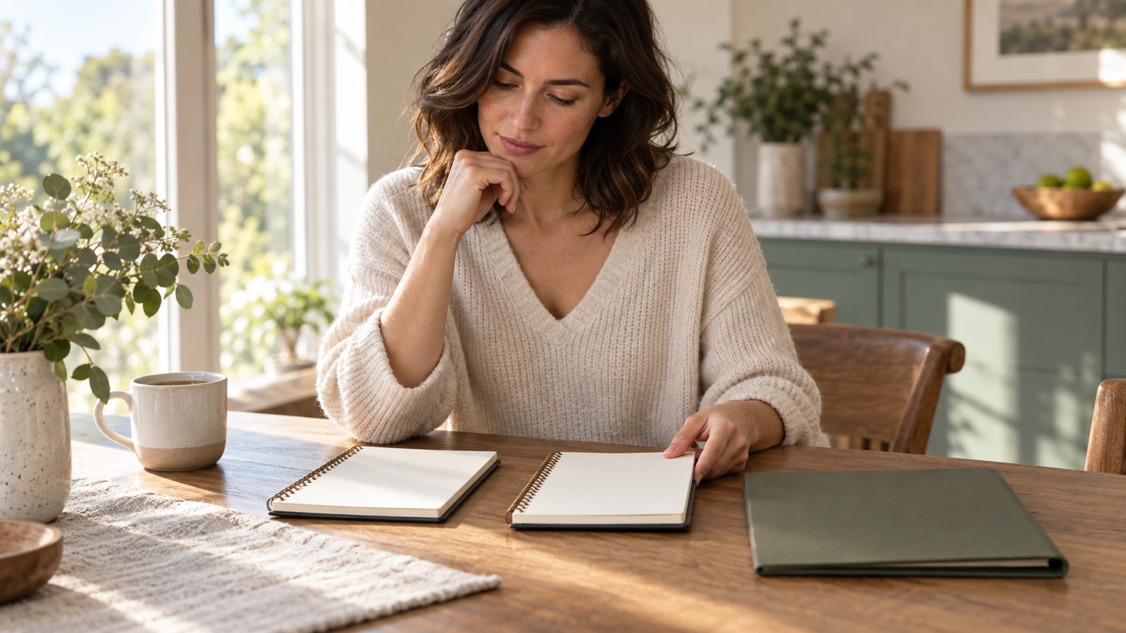 An adult reviews two notebooks and a folder at a sunlit kitchen table