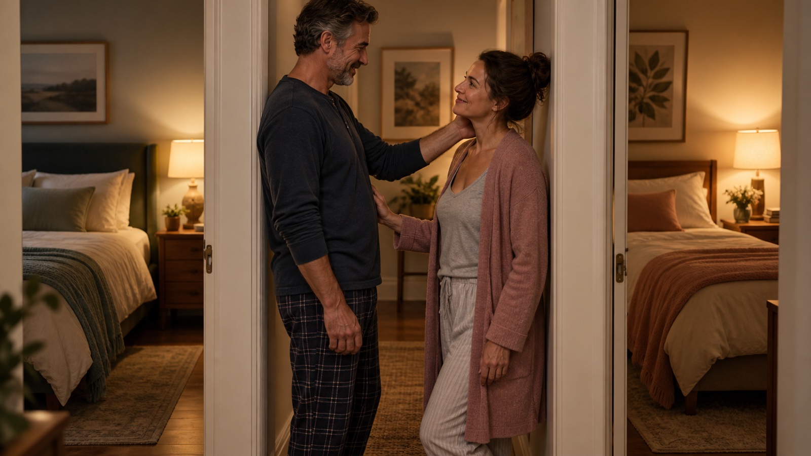 Two partners share an affectionate goodnight between two warmly lit bedrooms
