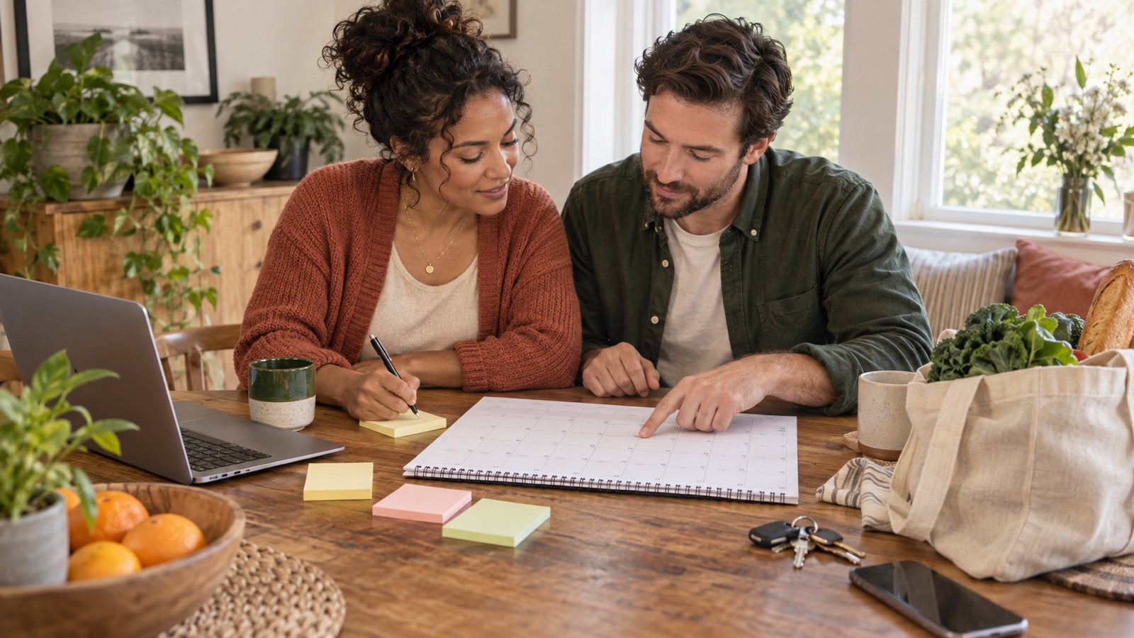 A couple plans household responsibilities together at a sunny dining table