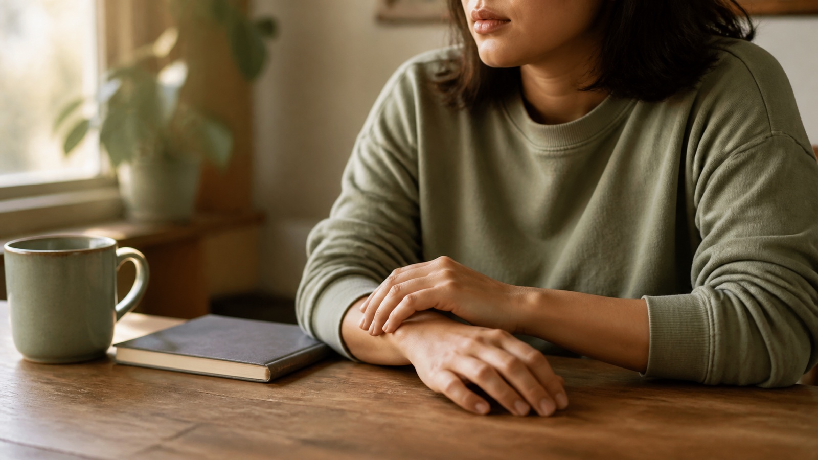 A young adult pauses with one hand resting gently over the other at a quiet desk