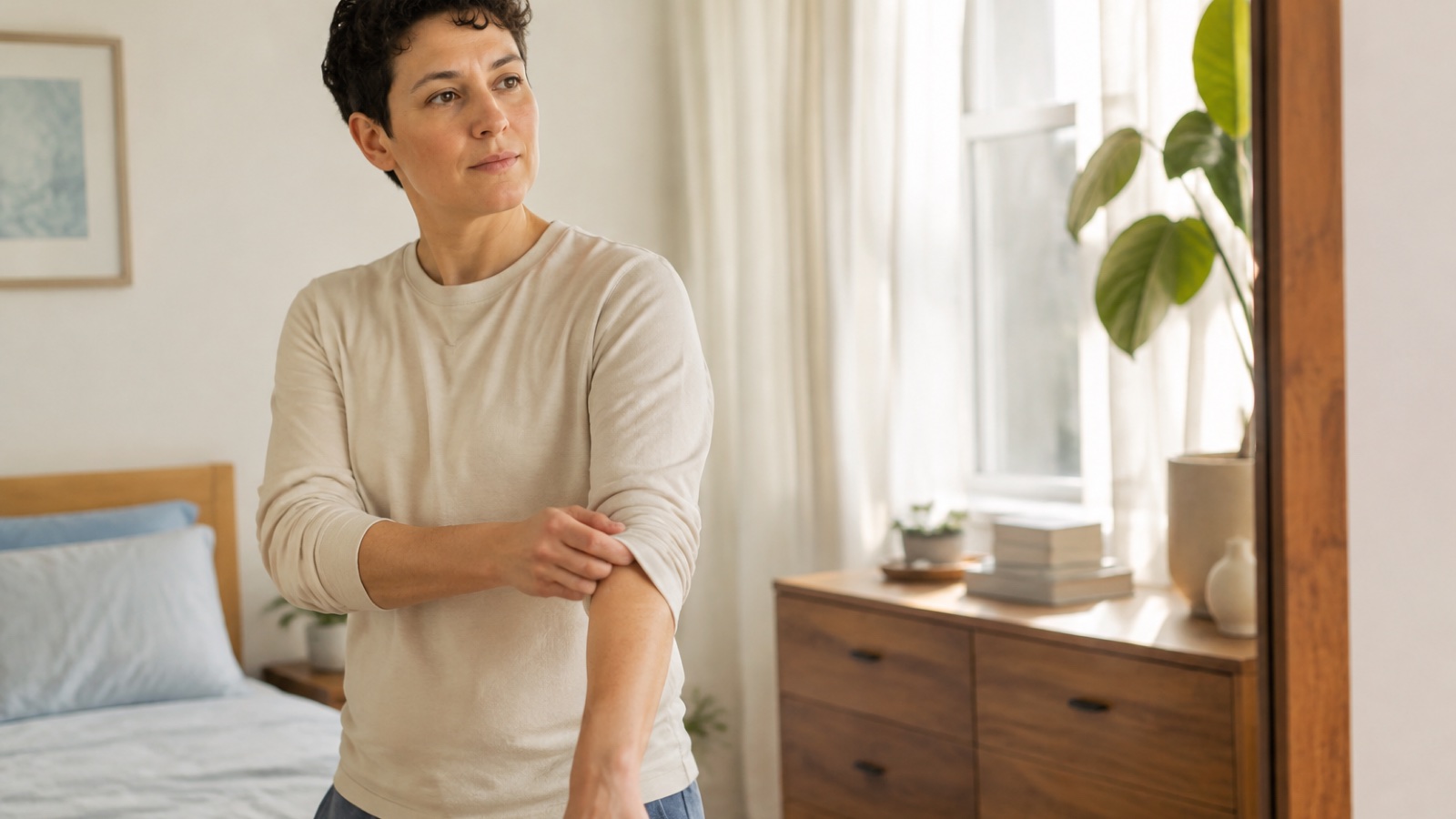 An adult calmly rolls up a sleeve in a sunlit bedroom while noticing a change in their body