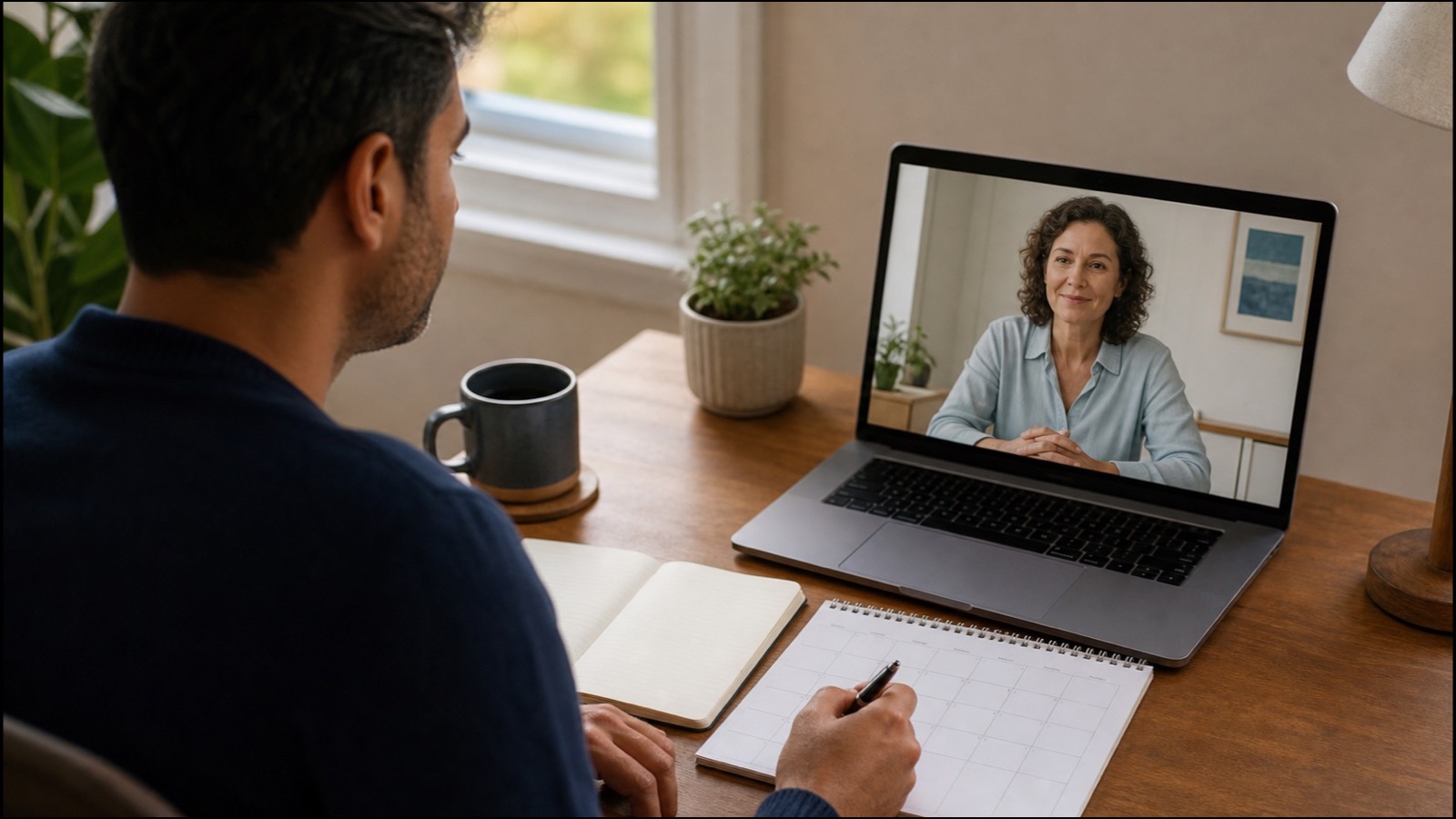 An adult makes notes on a calendar during a calm video visit with a clinician