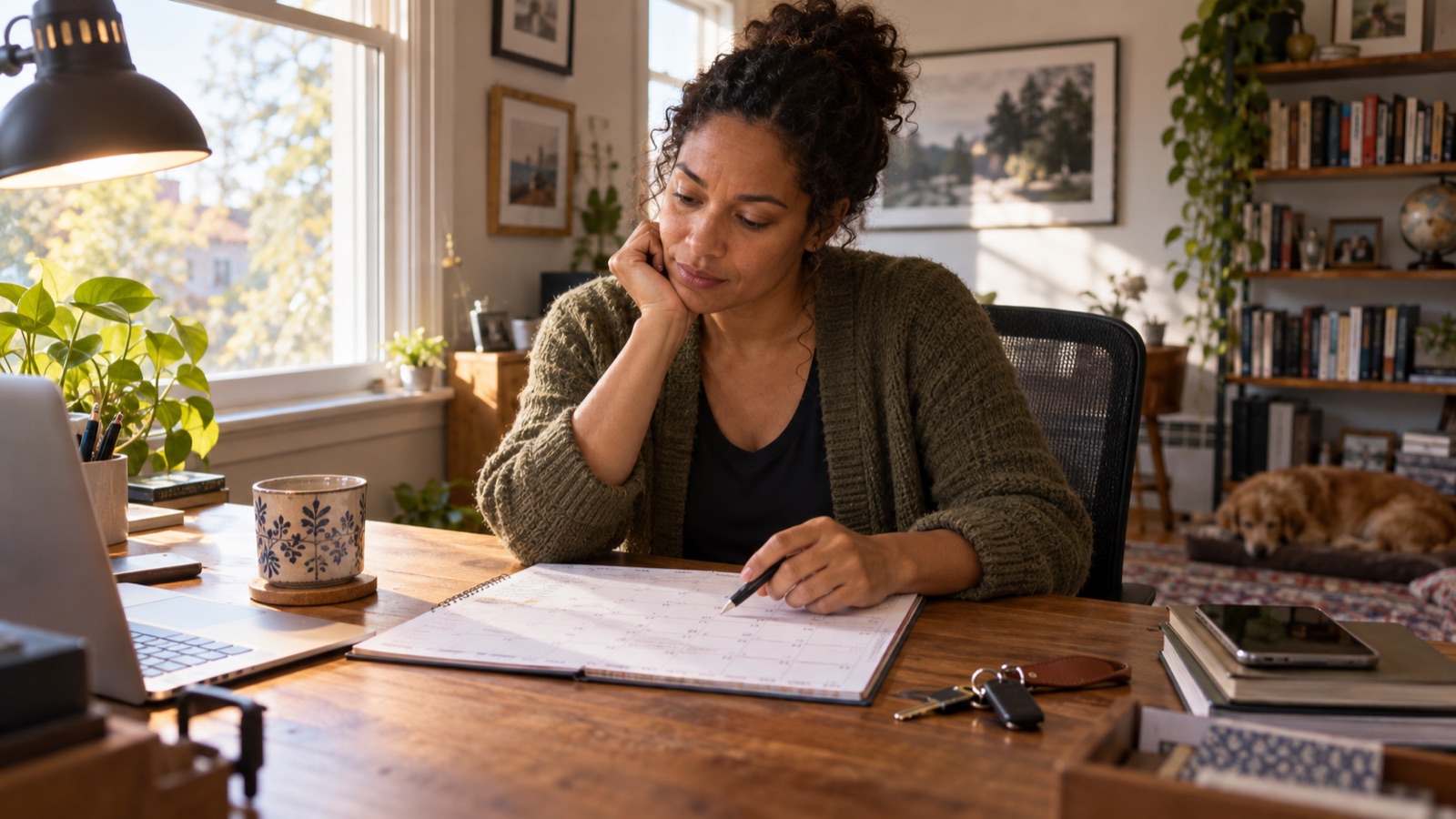 An adult pauses over a calendar at a sunlit home office desk