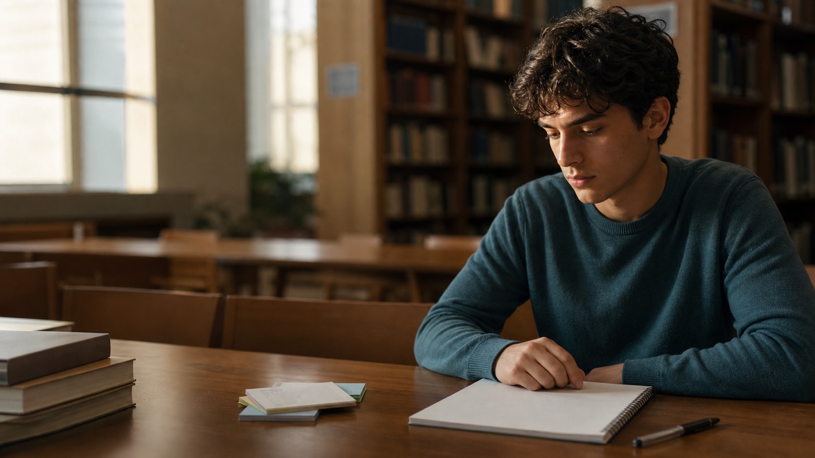 A student pauses over a blank notebook in a warm, quiet library