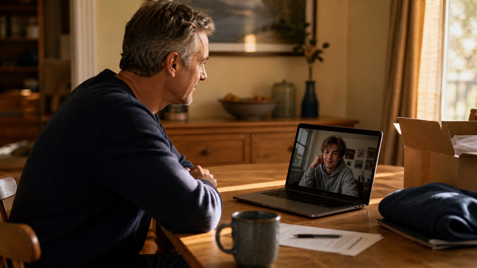 A father has a relaxed video call with his college-age son