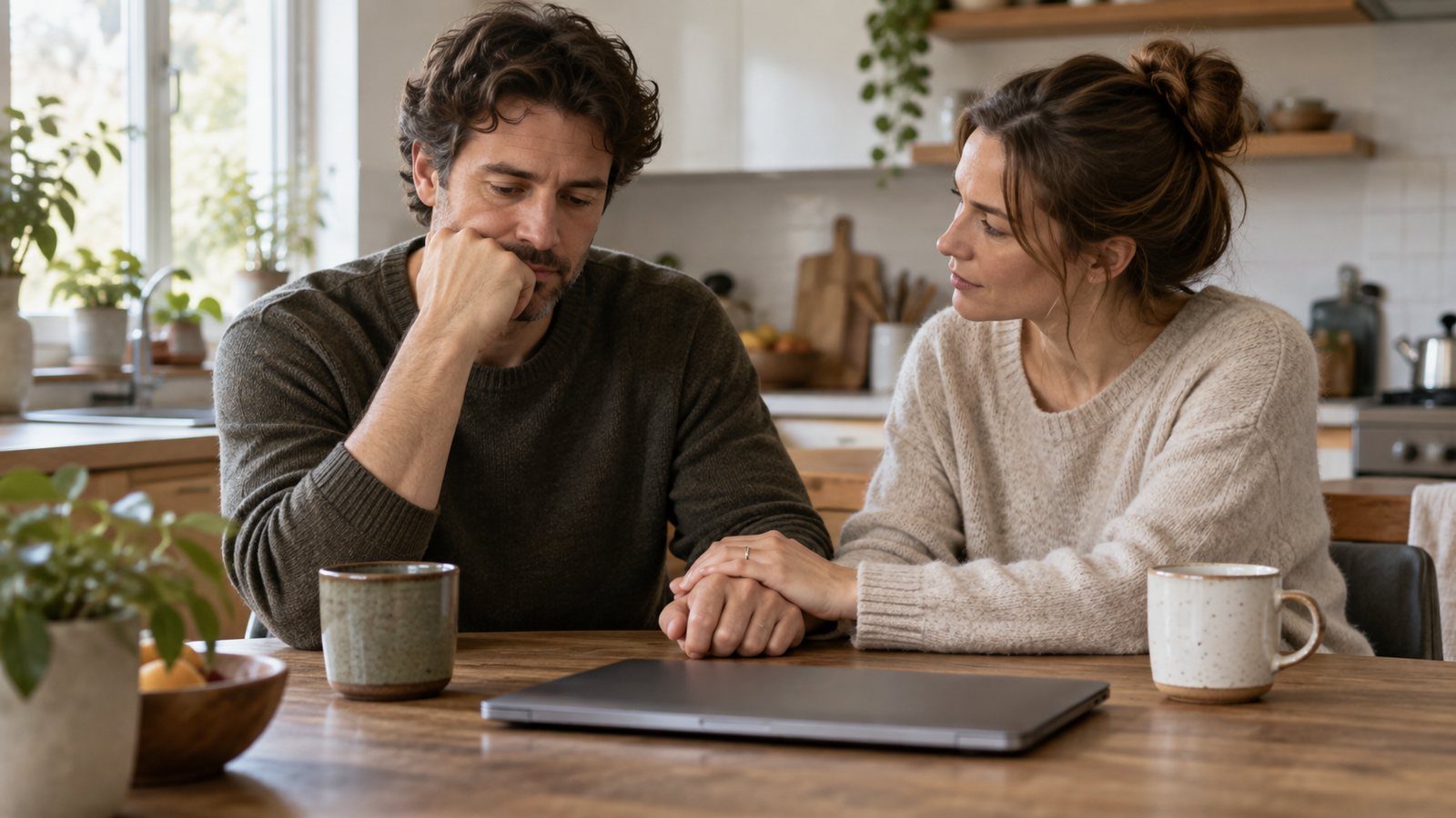 Two partners sit together at a kitchen table with a closed laptop and mugs