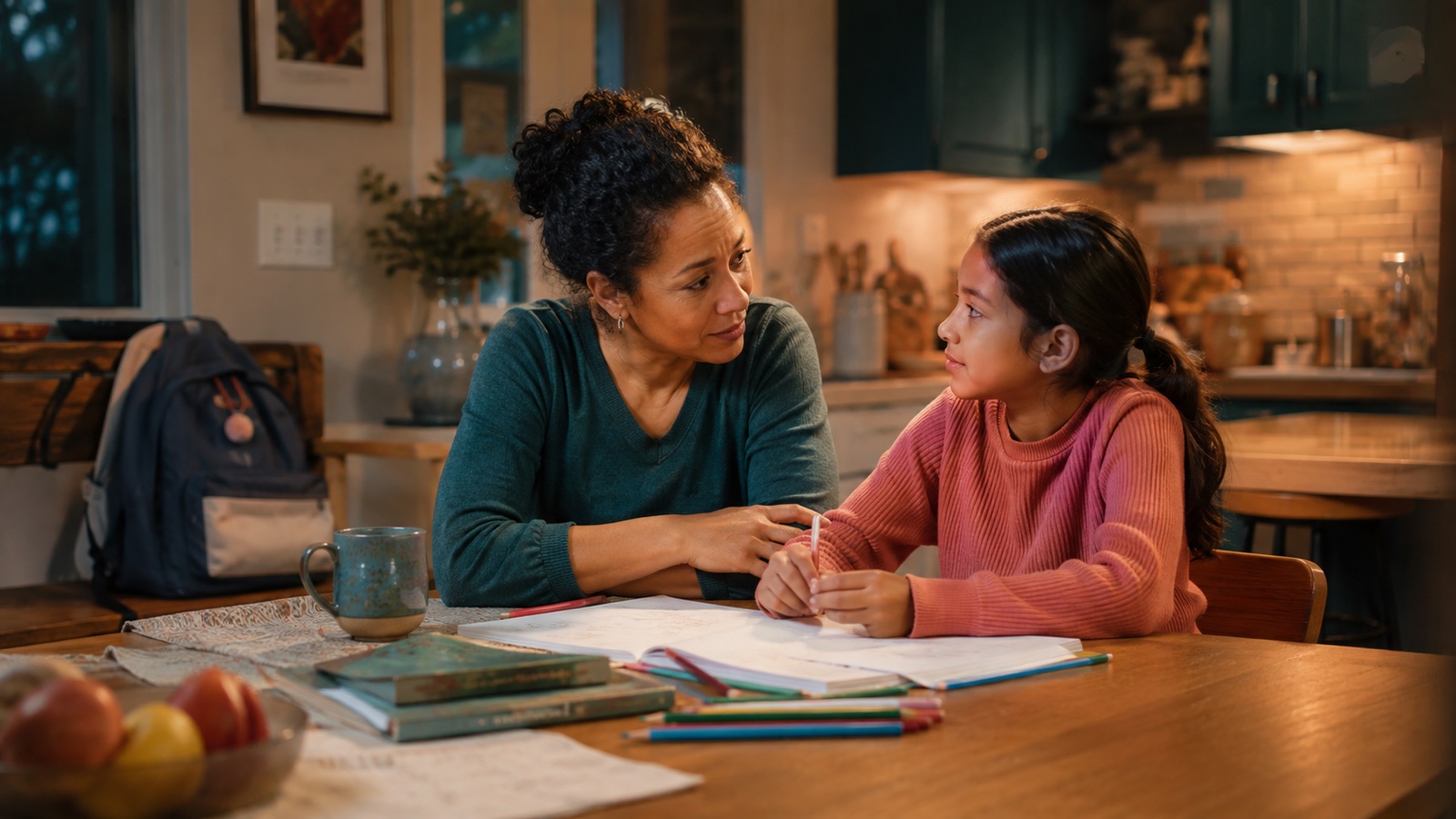 A parent listens closely to a school-age child at a warm family kitchen table