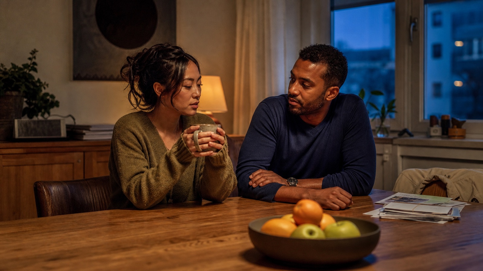 Two partners sit together at a dining table in a quiet moment of conversation