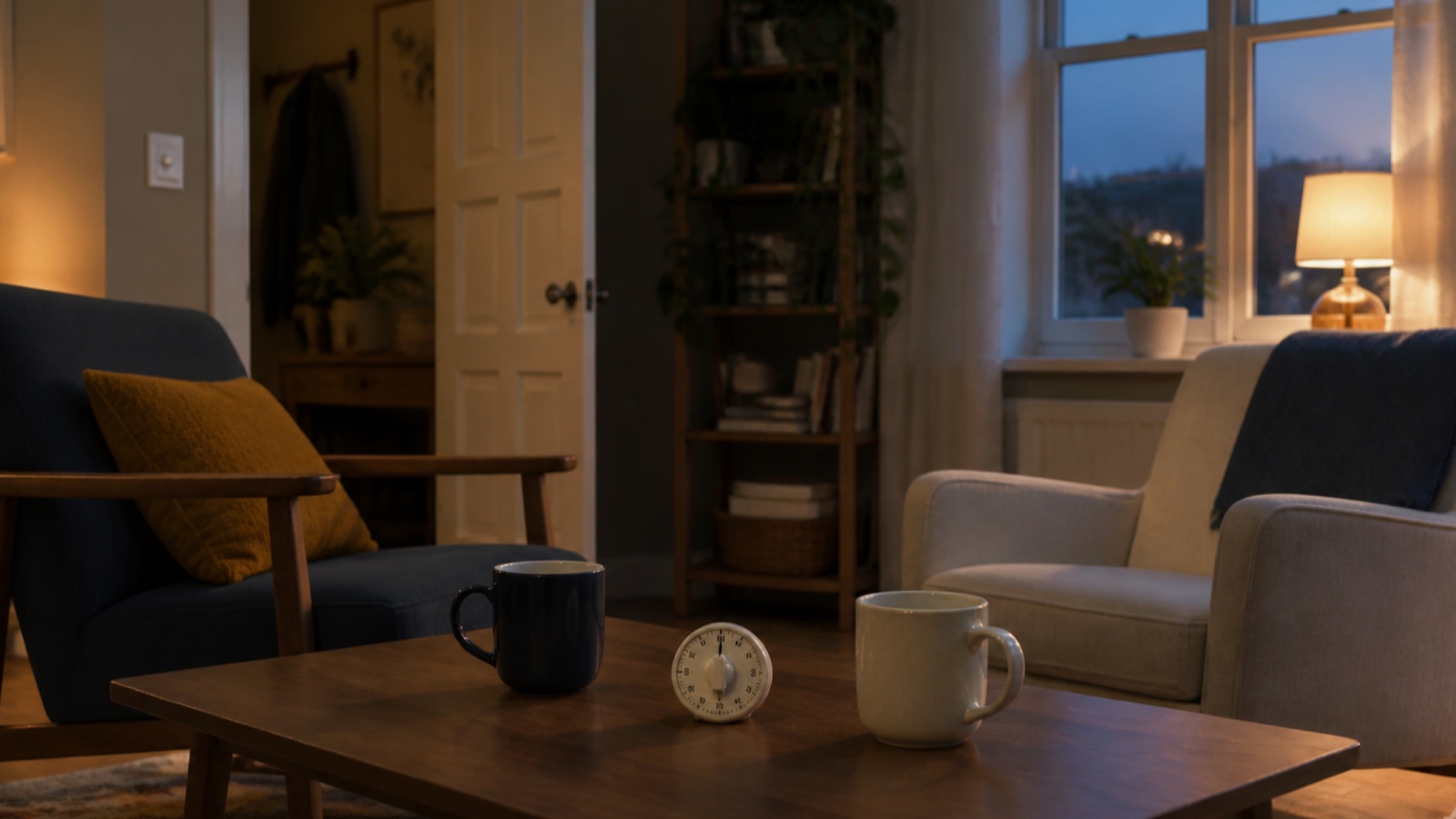 Two chairs and two mugs separated by a small timer in a quiet living room