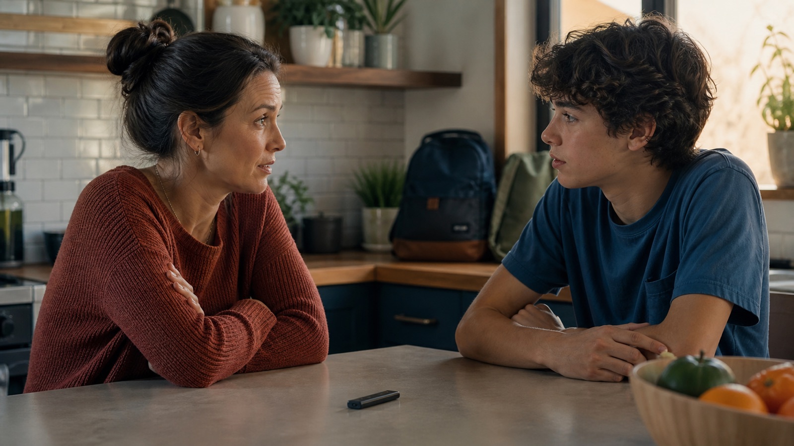 A parent and teenager have a calm conversation at a kitchen counter