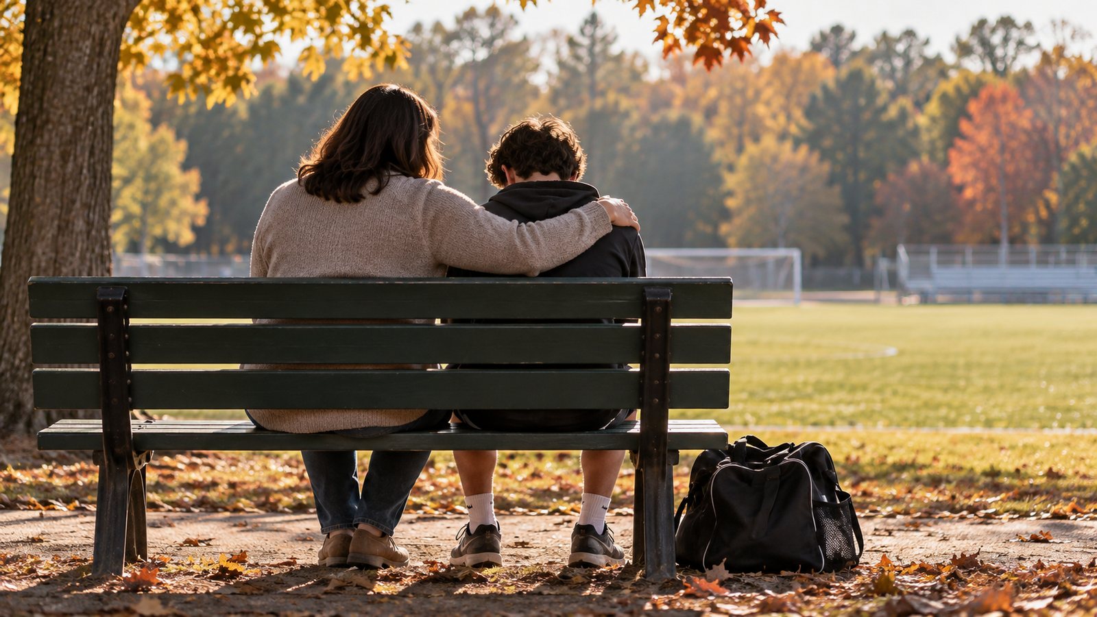 A parent sits beside a teenager on a park bench near a playing field