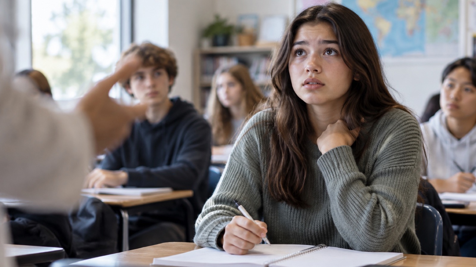 A teenager takes a steadying breath before answering in a classroom