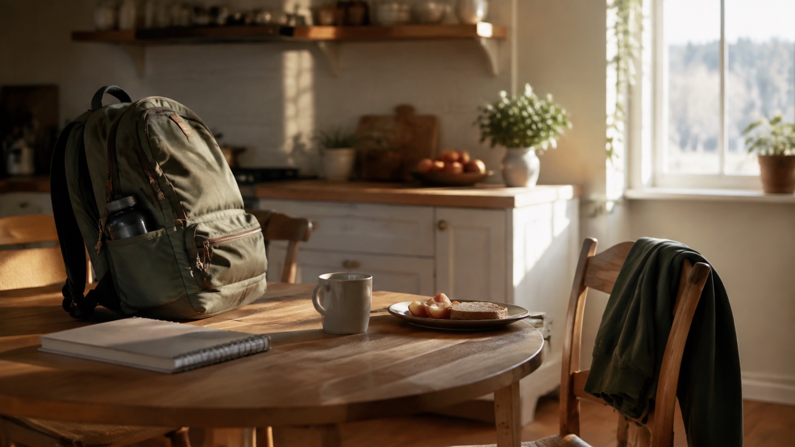 A school backpack, notebook, breakfast, and empty chair wait in a warm early-morning kitchen