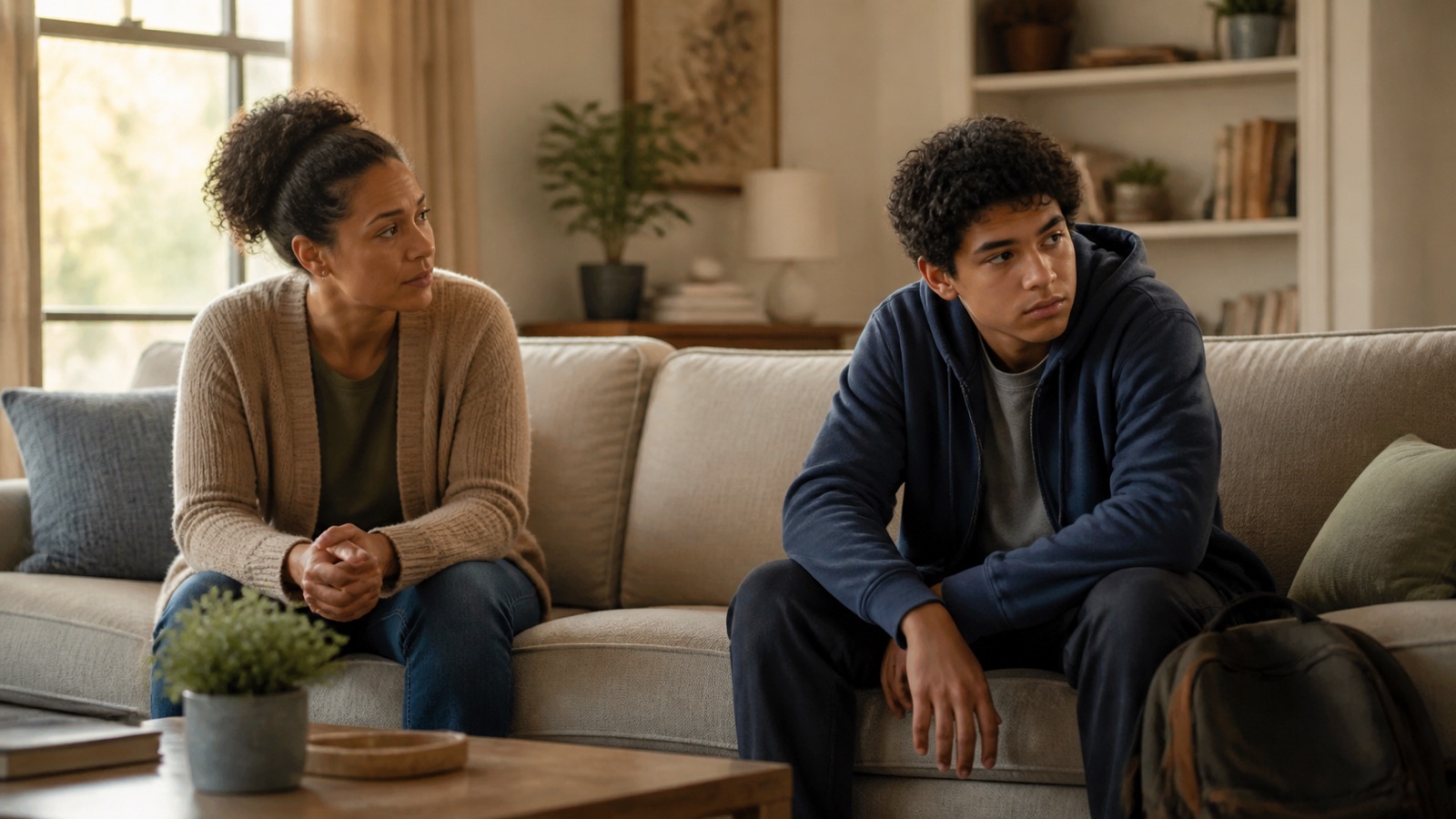 A calm parent sits beside a frustrated teenager after a tense moment at home