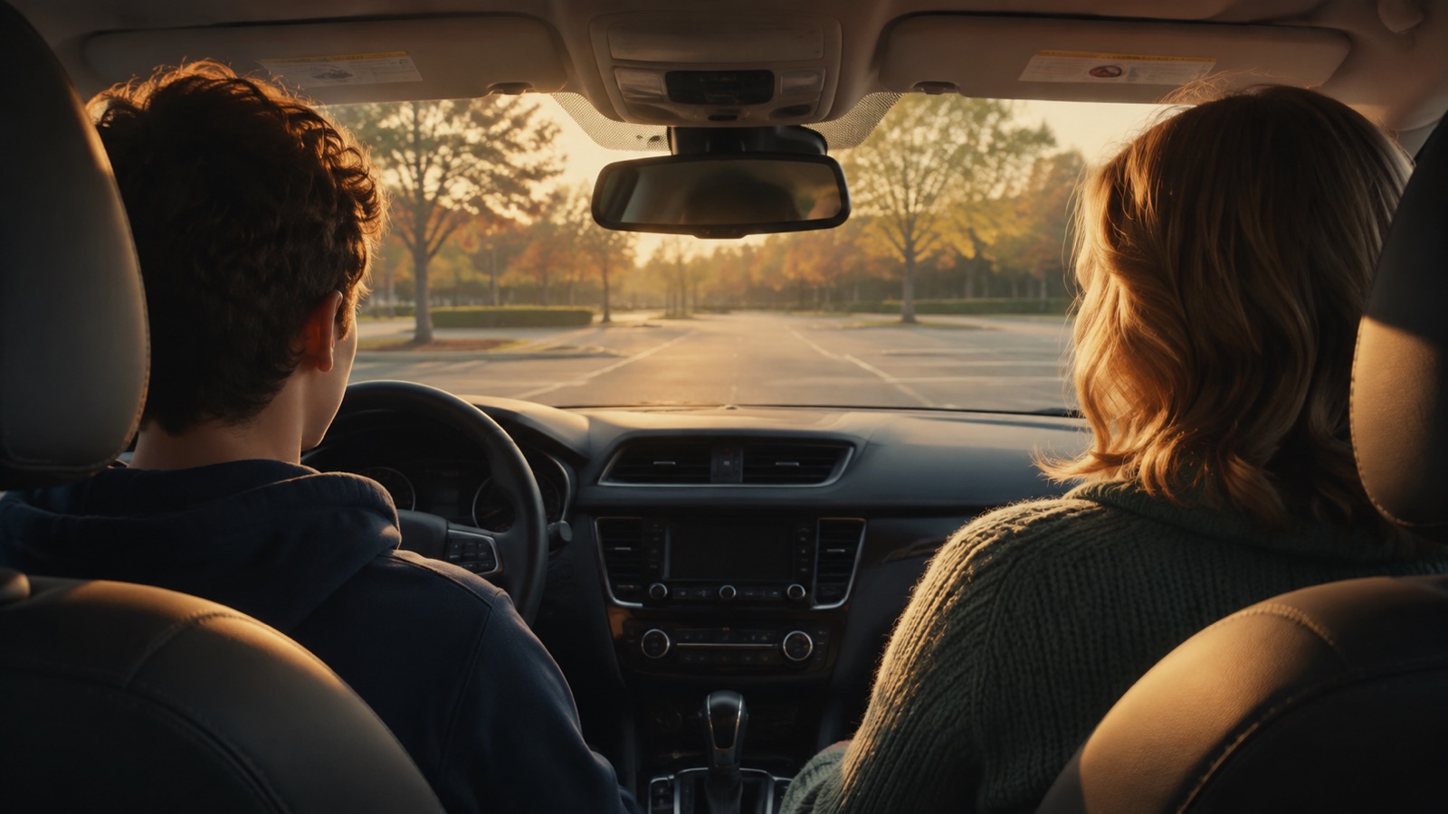 A teenager and parent sit together in a parked car facing an empty practice lot