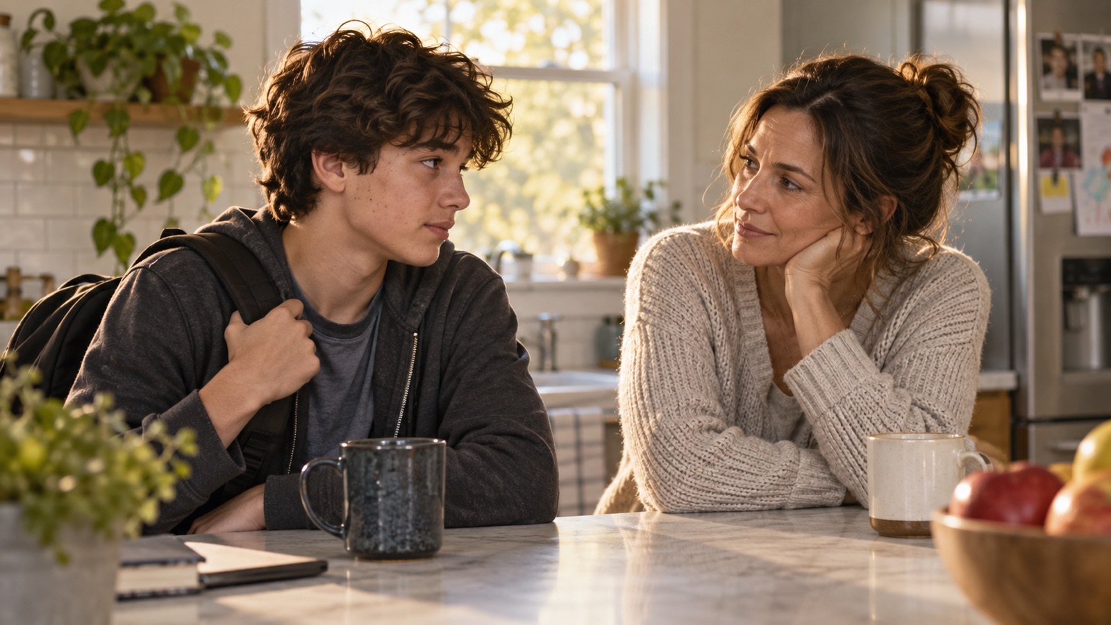 A parent listens to a teenager at a sunny kitchen counter after school