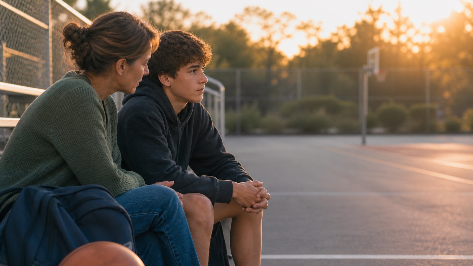 A parent listens beside a teenager on quiet school bleachers at sunset