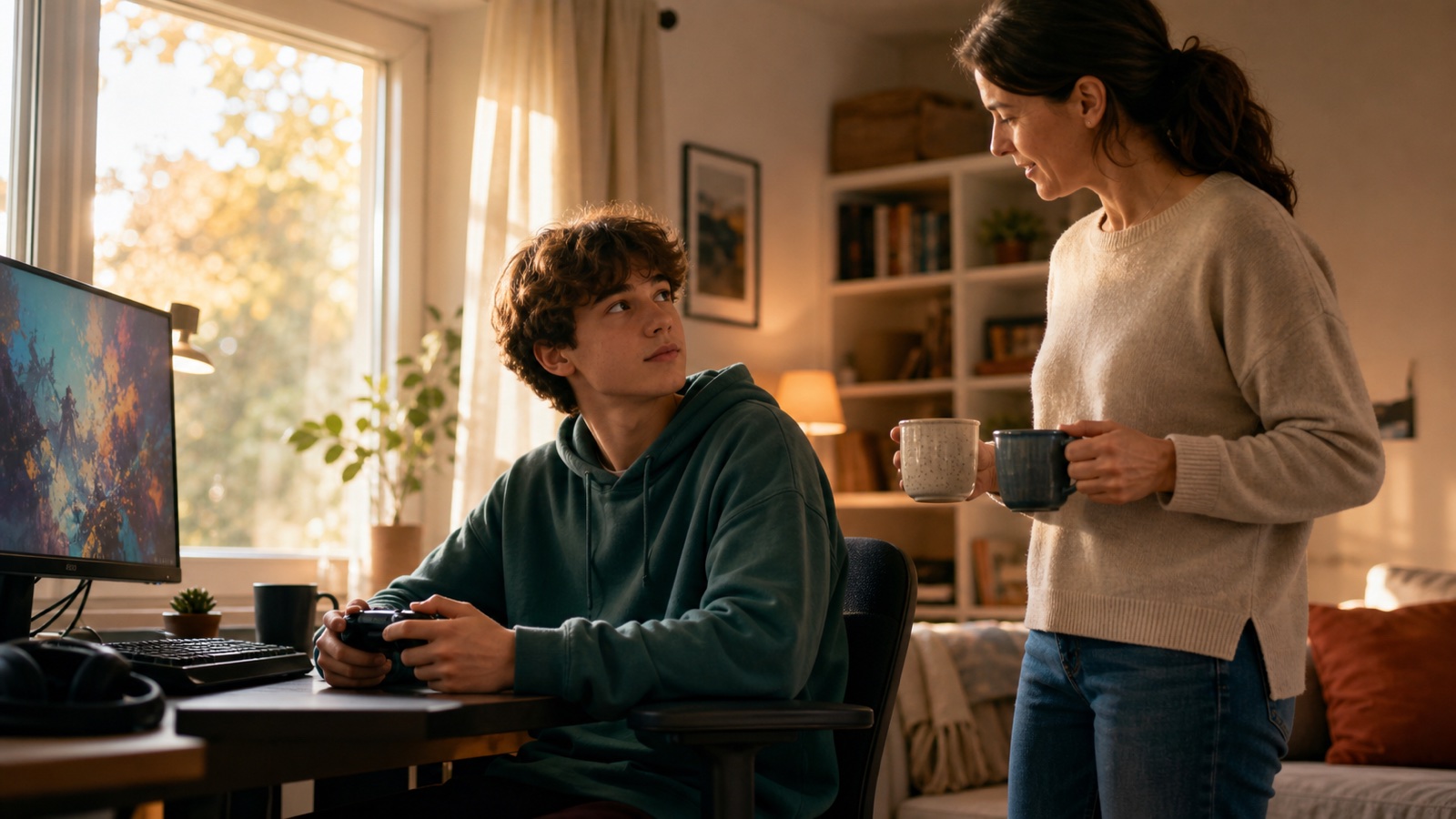 A parent brings two mugs while a teenager pauses gaming to look up