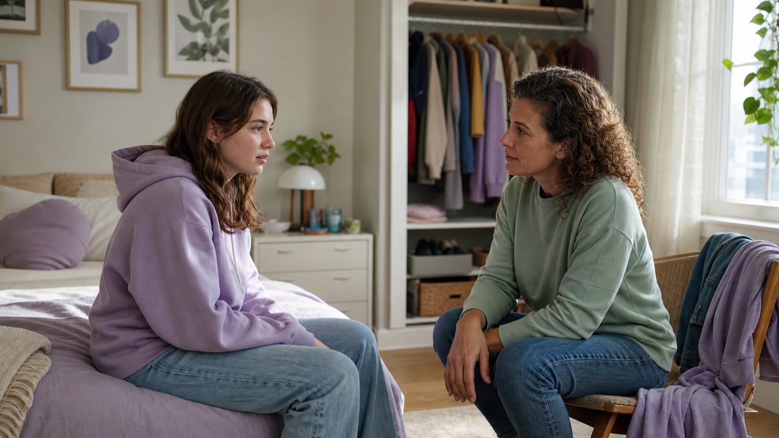 A parent listens beside a teenager choosing clothes in a calm bedroom
