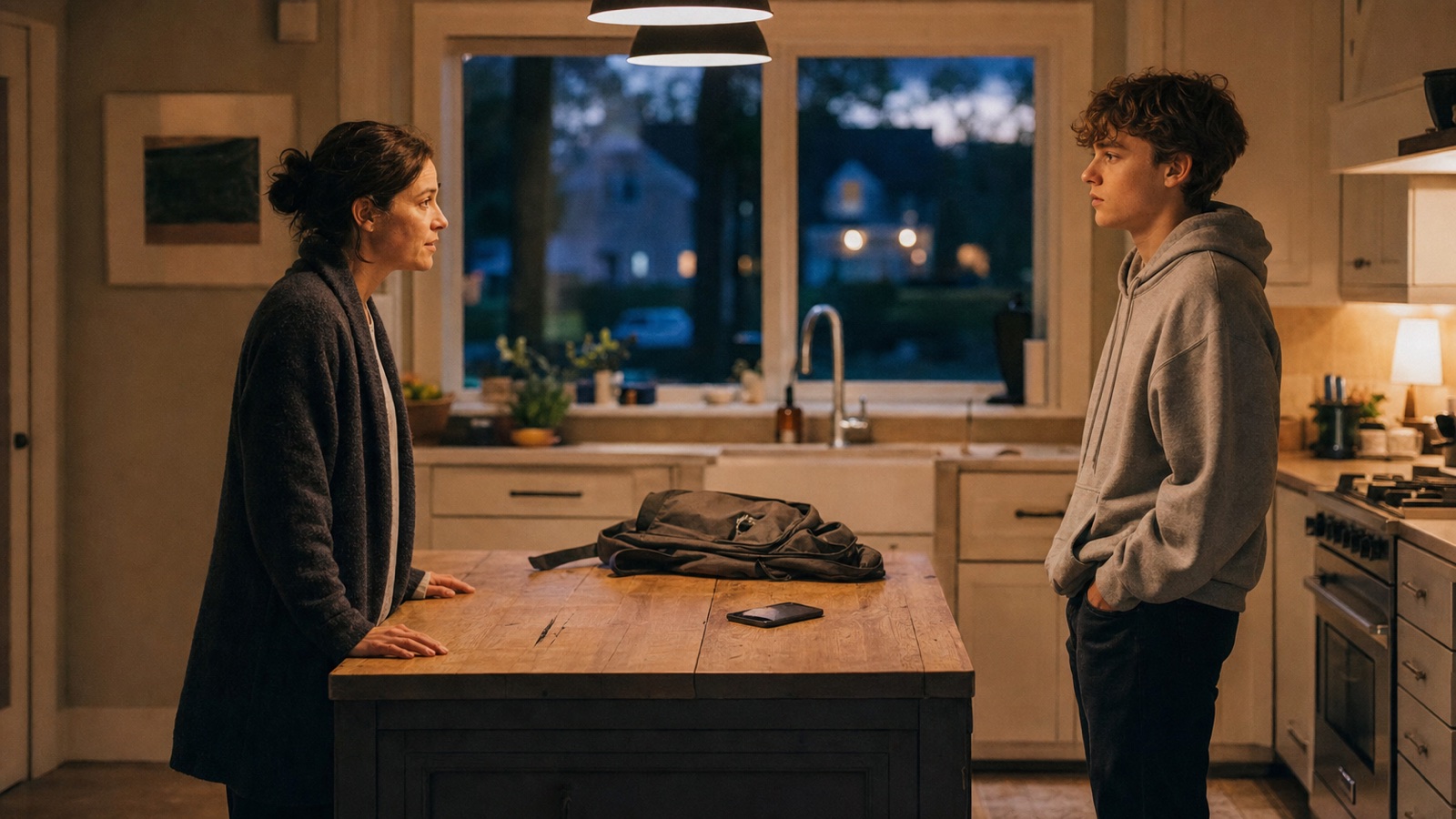 A parent and teenager pause across a kitchen island during a difficult conversation