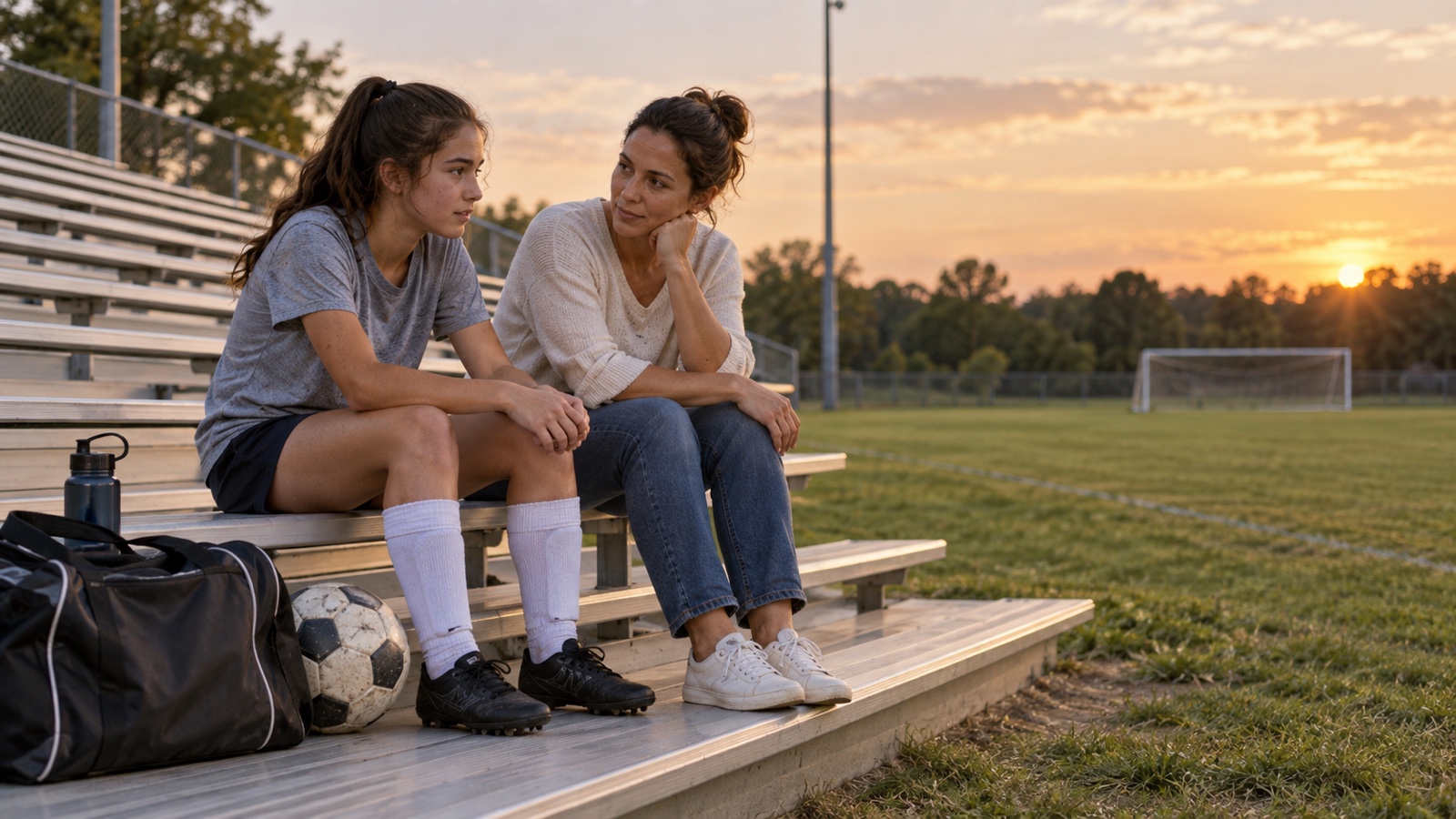 A parent listens to a teenager after soccer practice on quiet bleachers