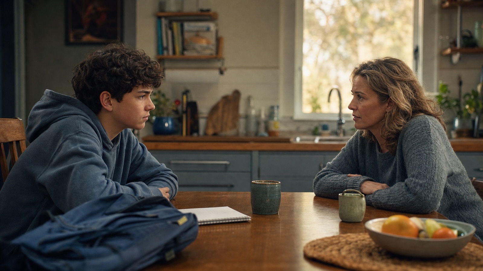 A parent listens to a reserved teenager across a family kitchen table