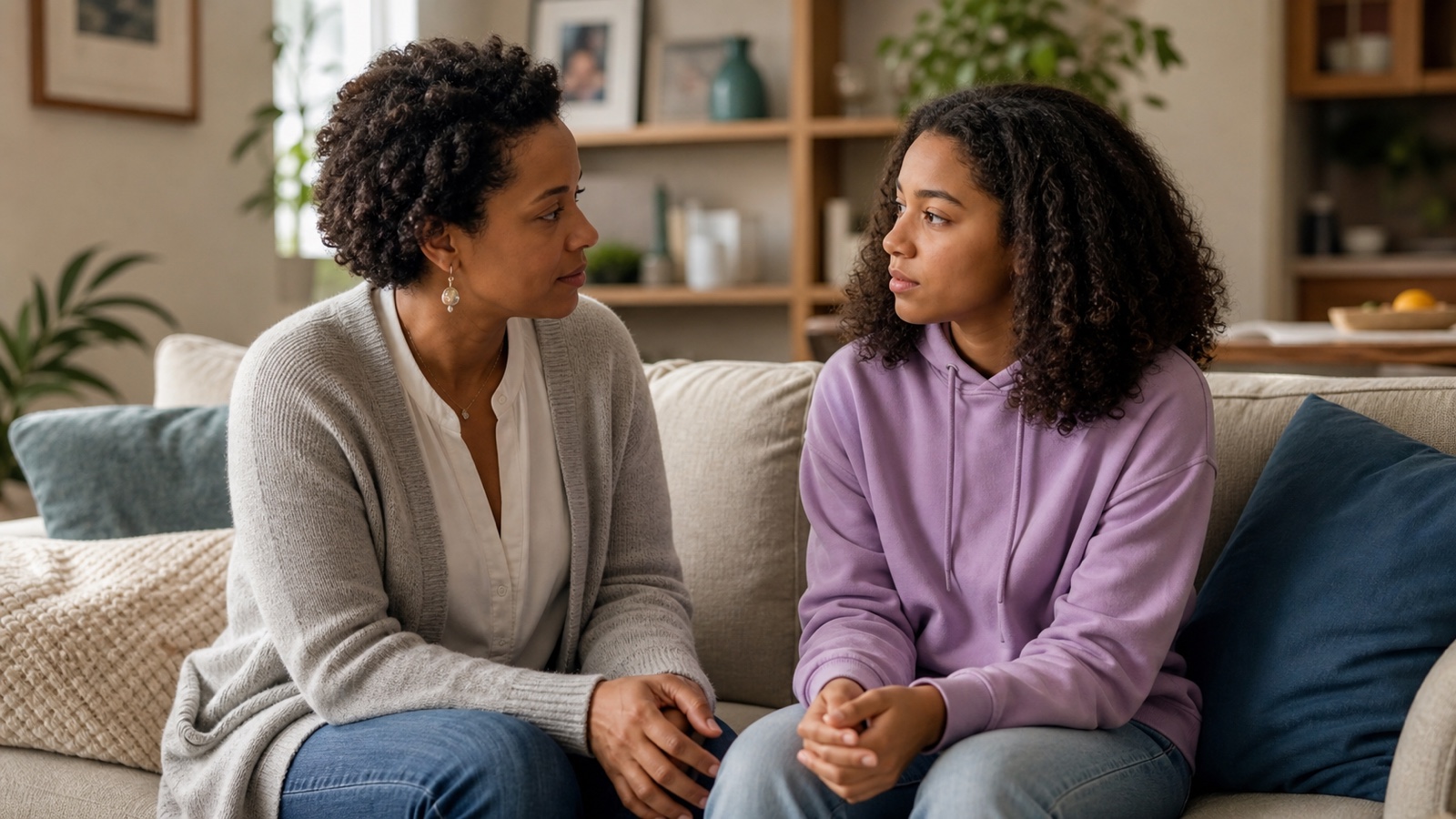A parent listens calmly while sitting beside a teenager in a quiet family living room