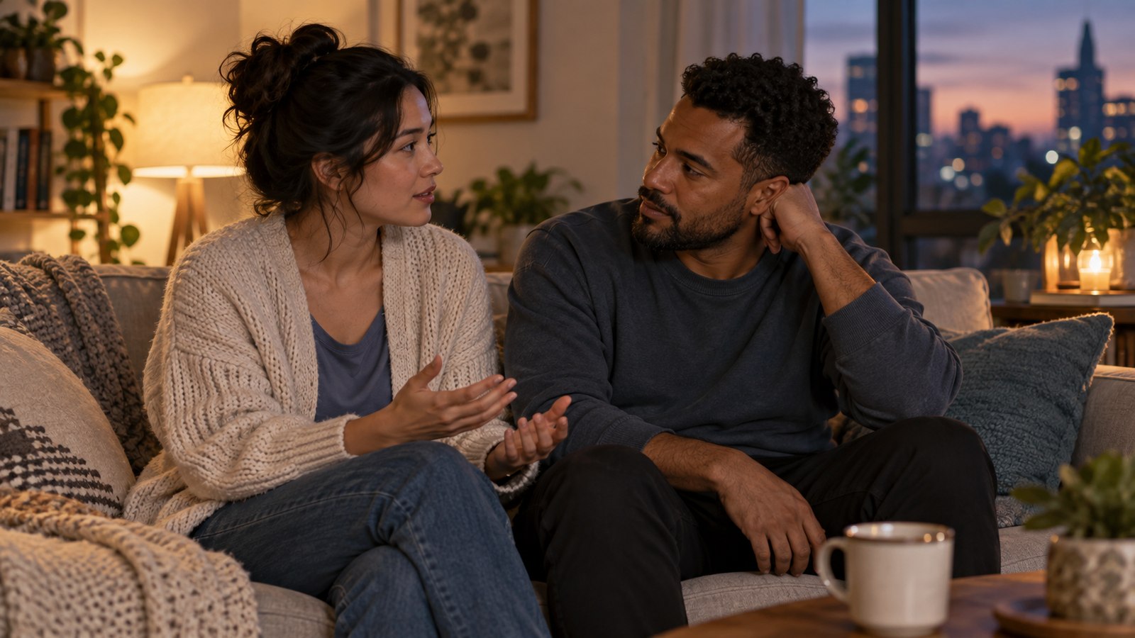 Two adults talk quietly together on a sofa in warm evening light