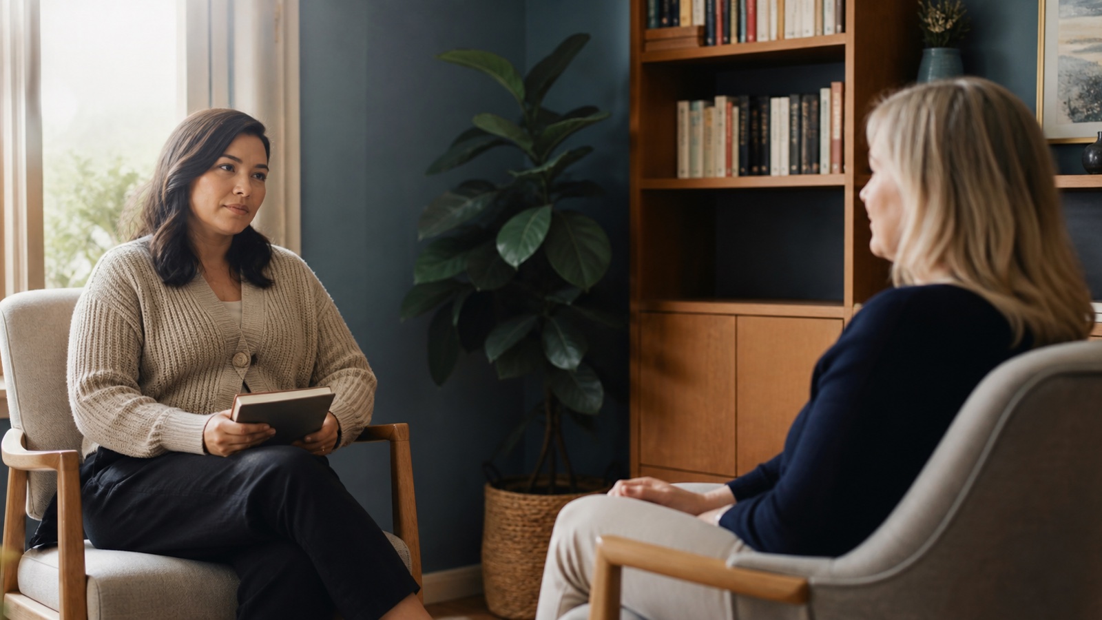 A client and therapist sit in a quiet office during an unhurried conversation
