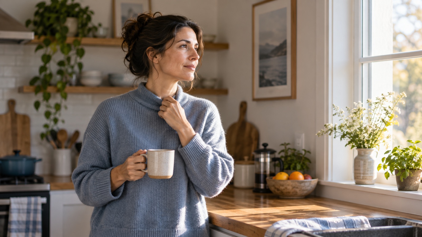 An adult in a soft sweater holds a warm mug beside a sunlit kitchen window