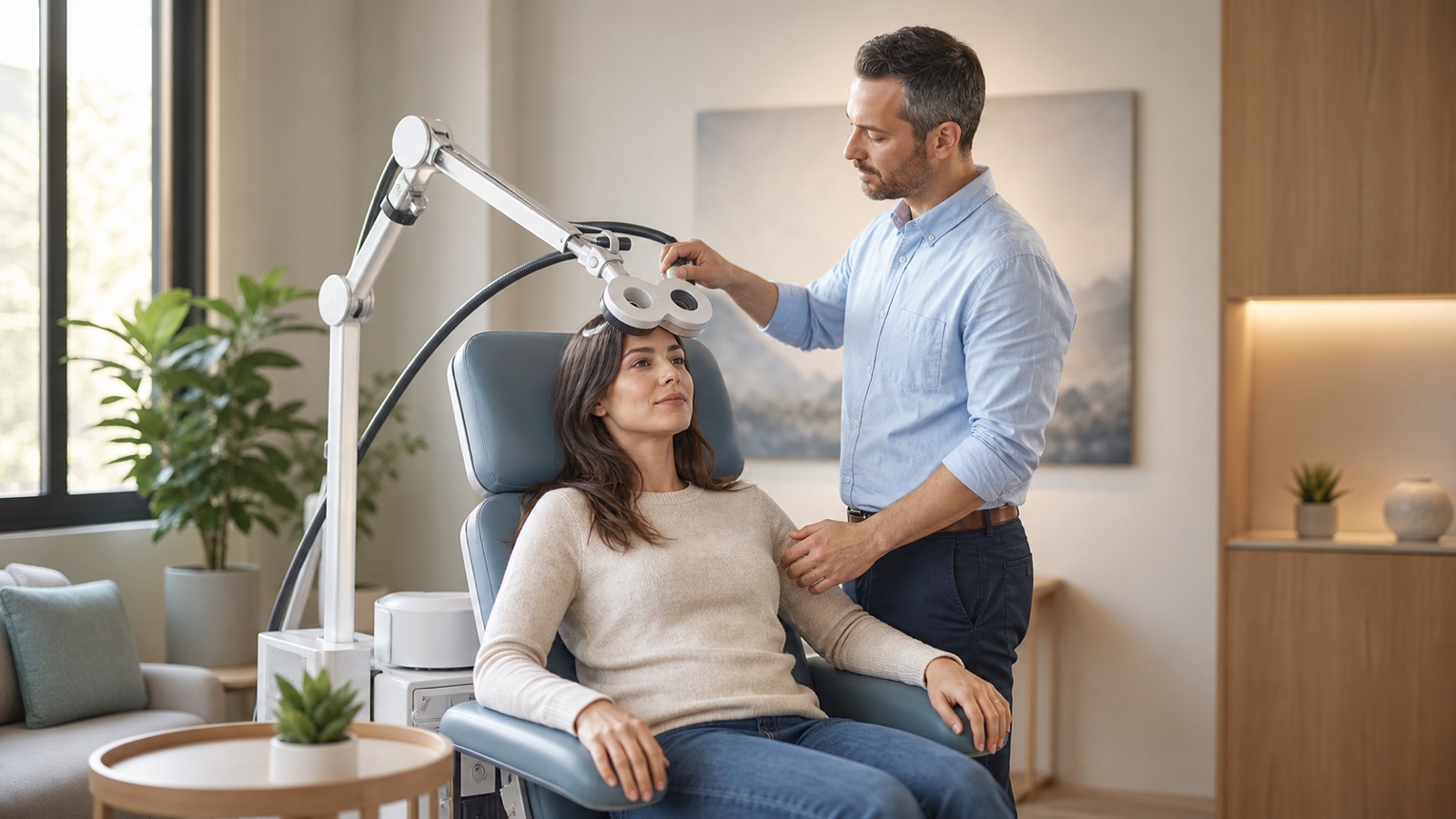 A clinician positions a TMS coil for a calm awake patient in an outpatient chair
