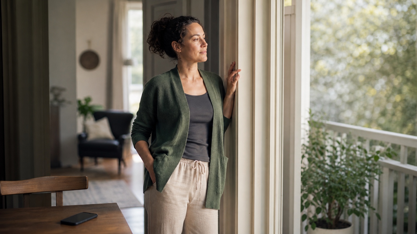 An adult pauses by an open doorway after setting down a phone