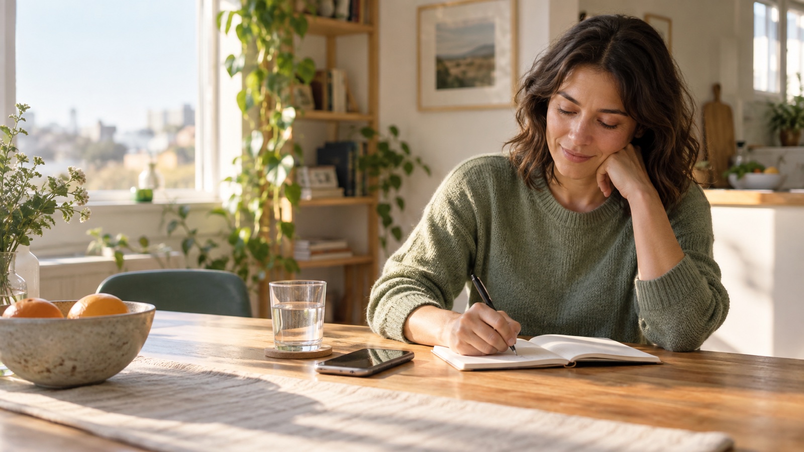 An adult makes a brief health note at a sunlit kitchen table