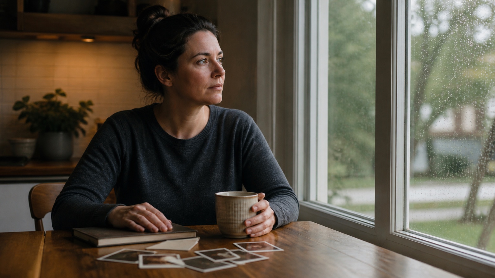 An adult sits thoughtfully by a rain-speckled window with a closed notebook and photographs